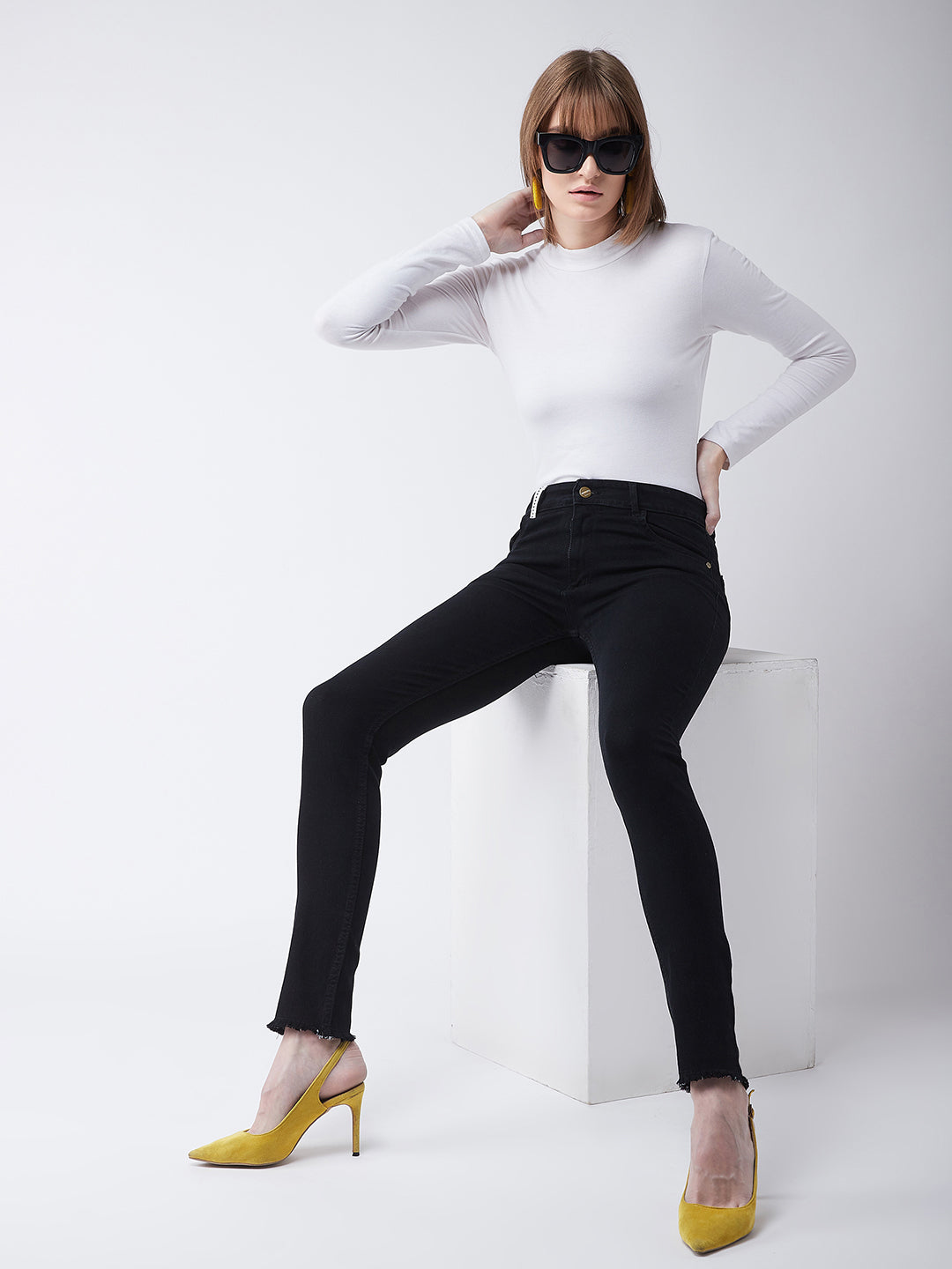 Women's Black Slim-Fit High-Rise with Tape Detailing Stretchable Denim Jeans