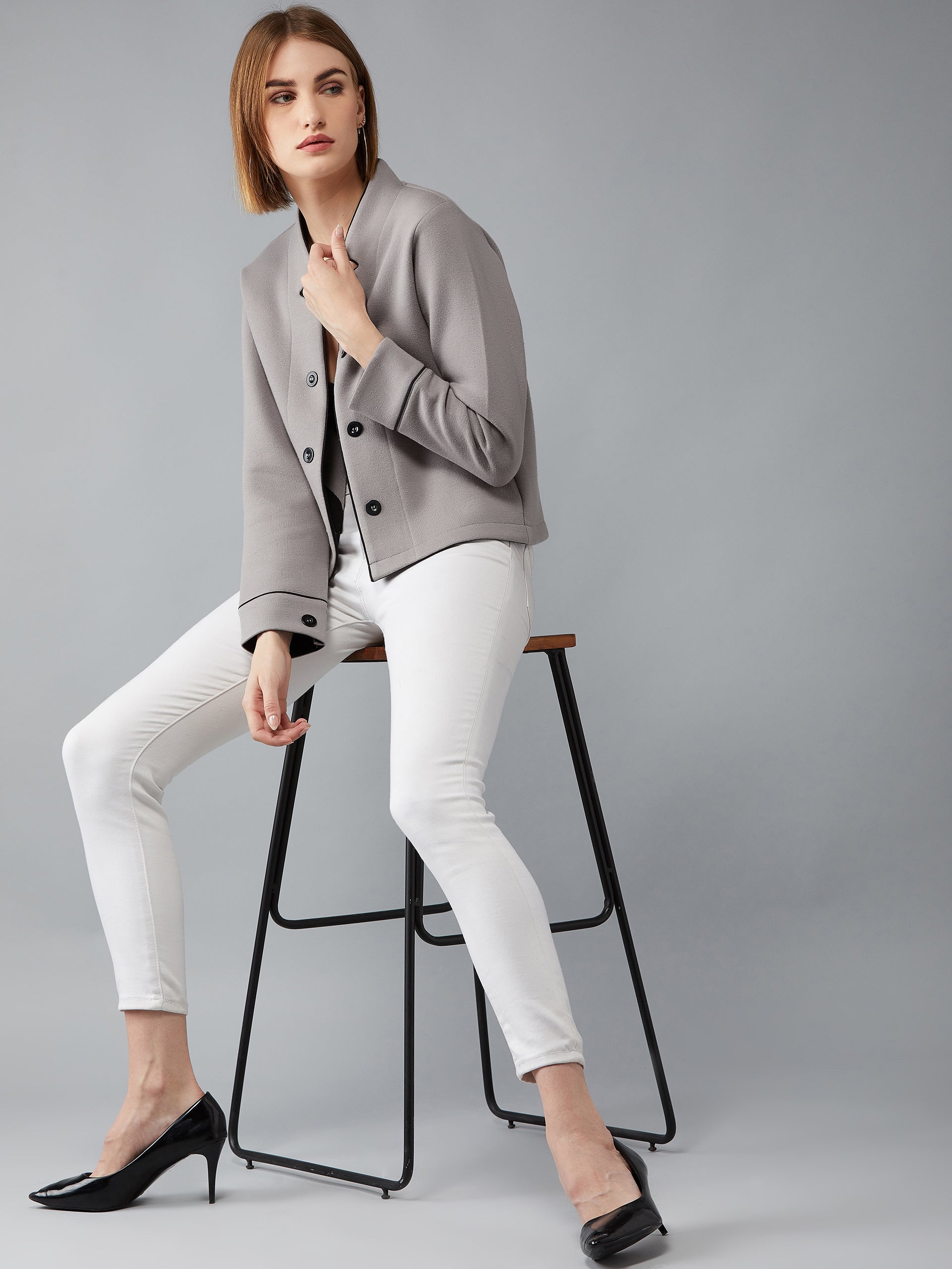 Women's Grey V-Neck Full Sleeves Solid Front-Open Regular Length Jacket