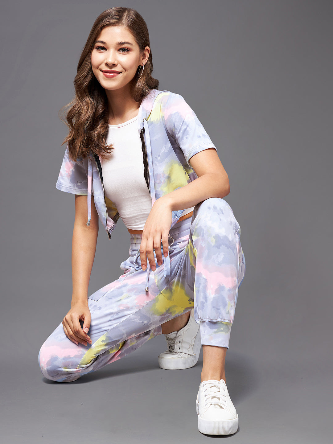 Women's Multicolored-Base-Grey Round Short Polyester Tie & Dye Crop Regular Co-ord Set