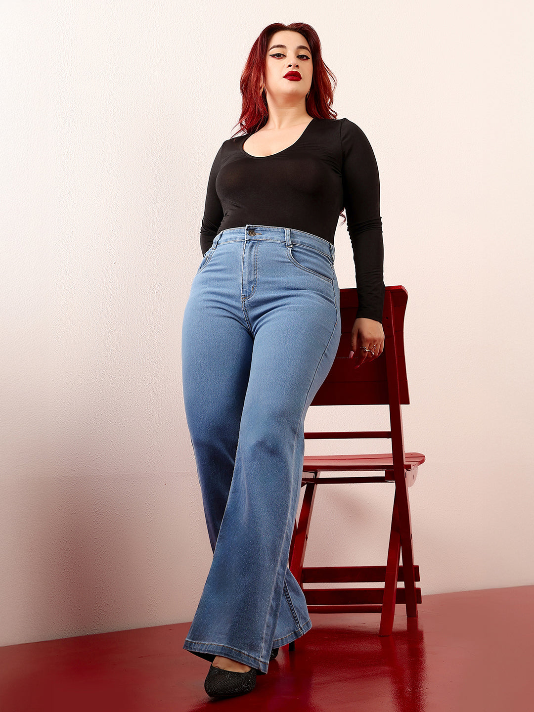 Women's Light Blue Bootcut High-Rise Clean-Look Stretchable Denim Jeans