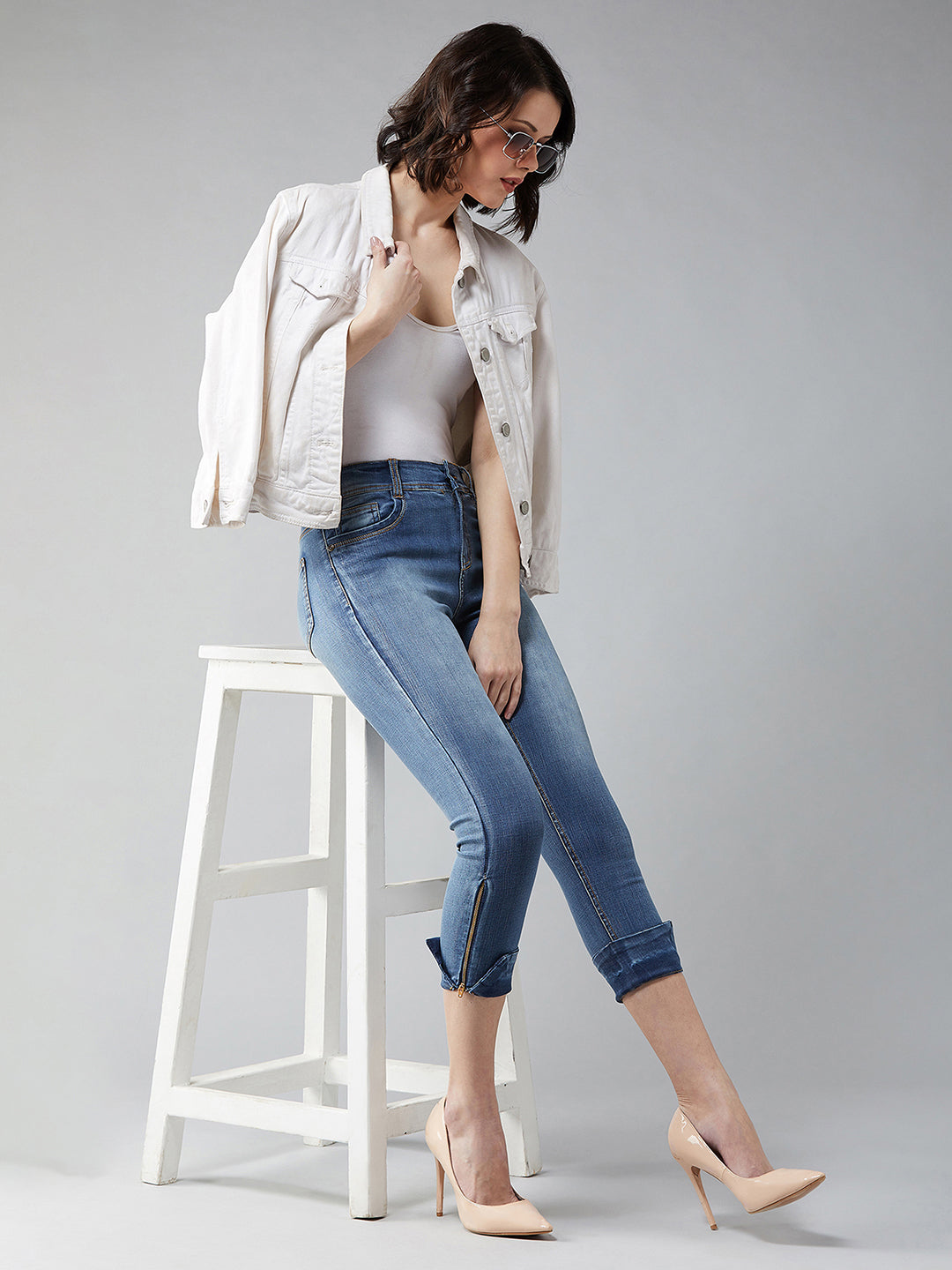 Women's Blue Skinny Fit High Rise Ankle Length Acid Wash Blast Effect Denim Stretchable Jeans