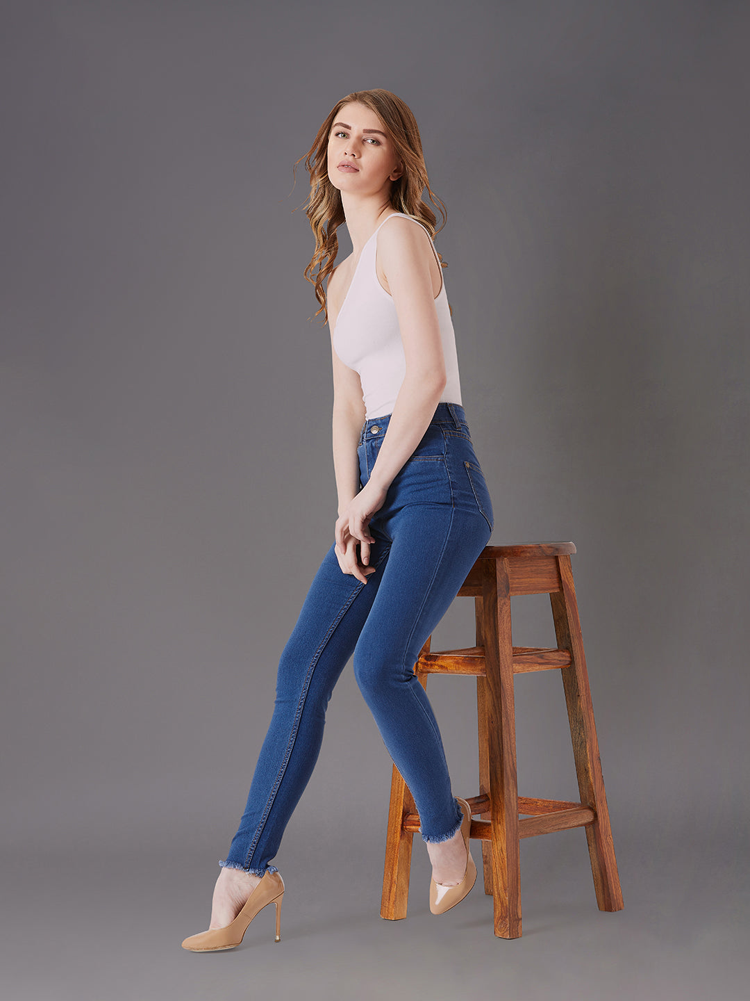 Women's Blue Skinny High-Rise Cropped-Length Fringe Detailing Stretchable Denim Jeans