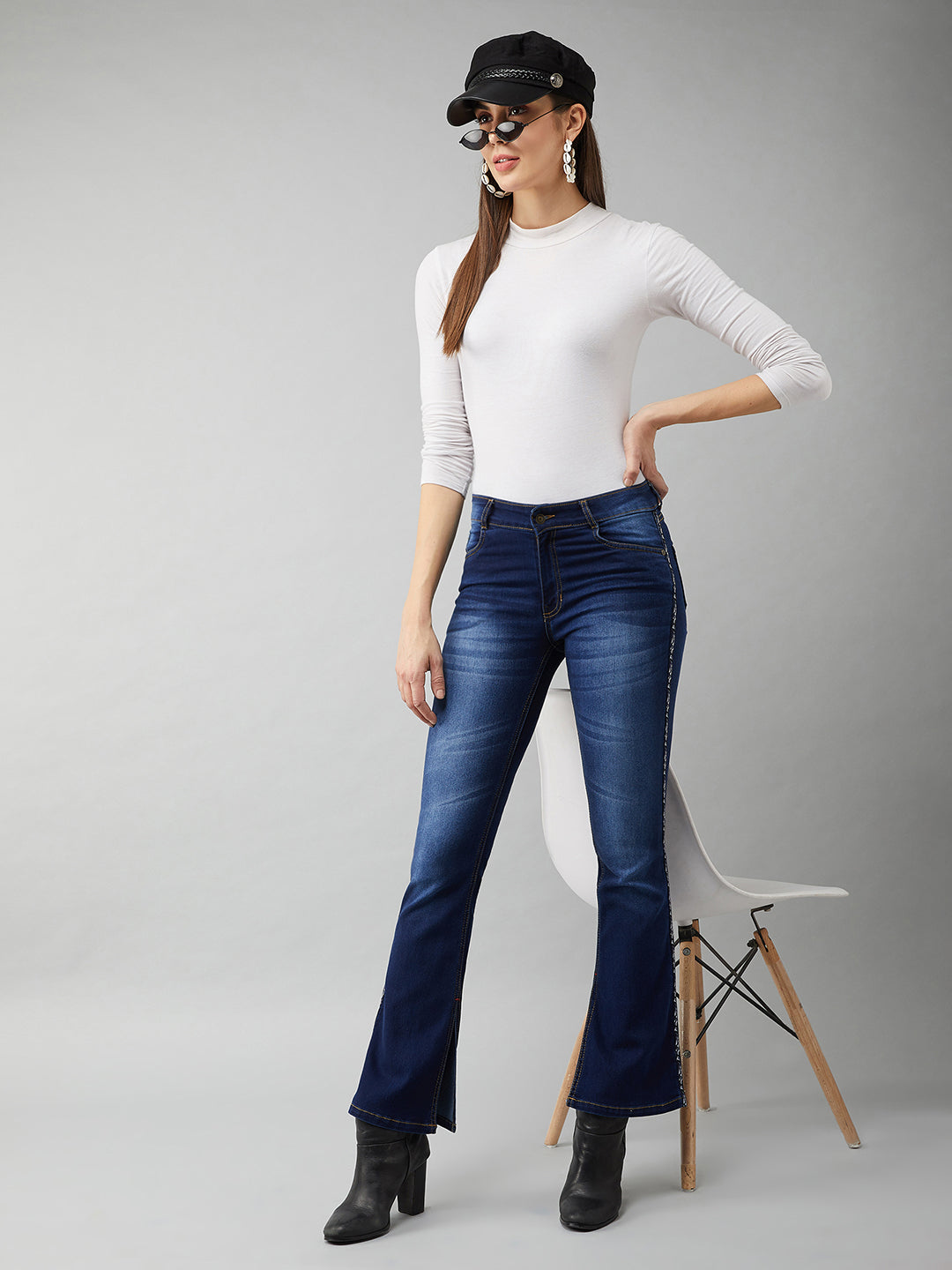 Blue Cotton Bootcut Fit & Flared Mid Rise Regular Length Stretchable Denim Jeans for Women