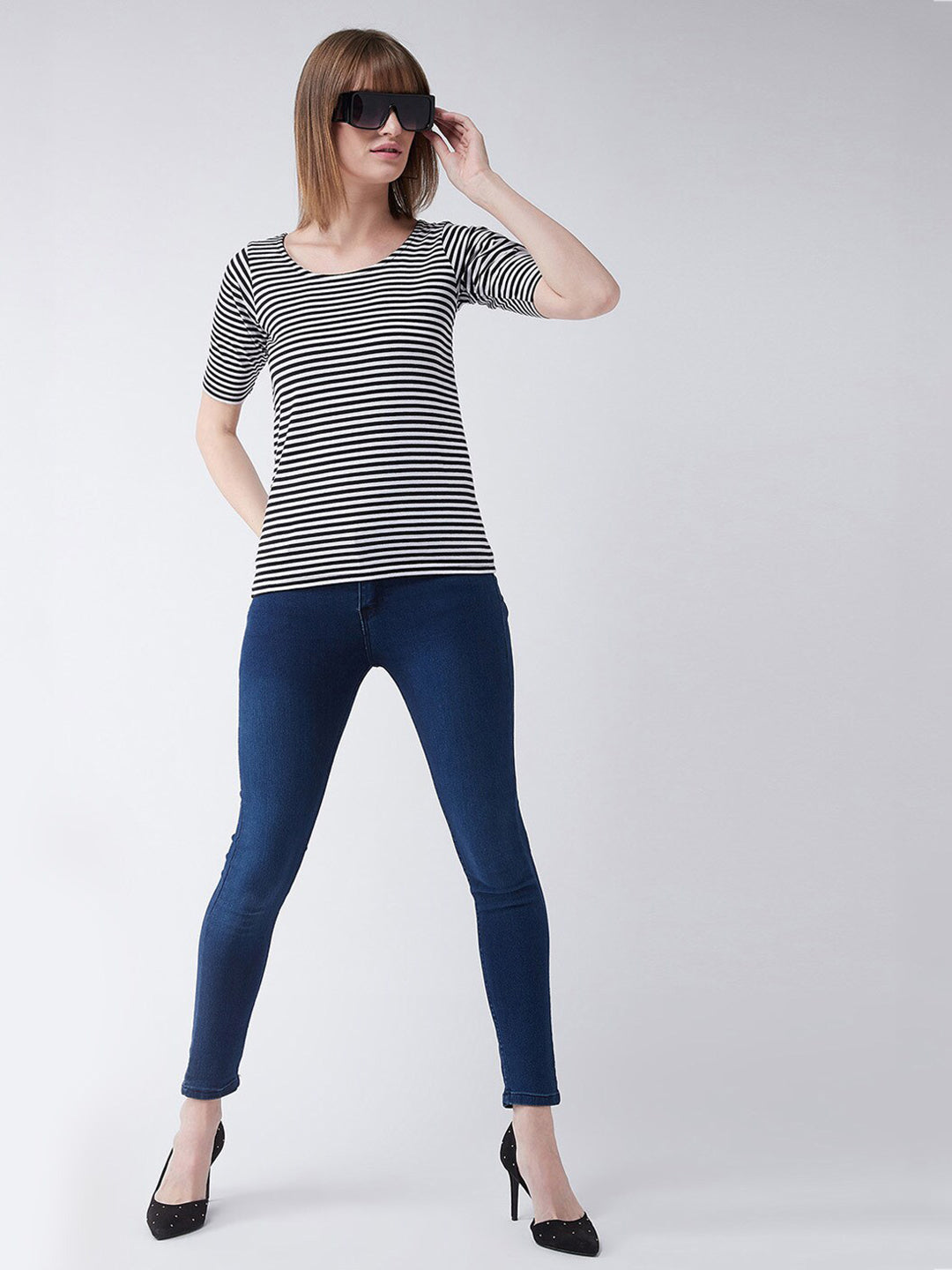 Women's Black & White Round Neck Short Sleeves Striped T-Shirt