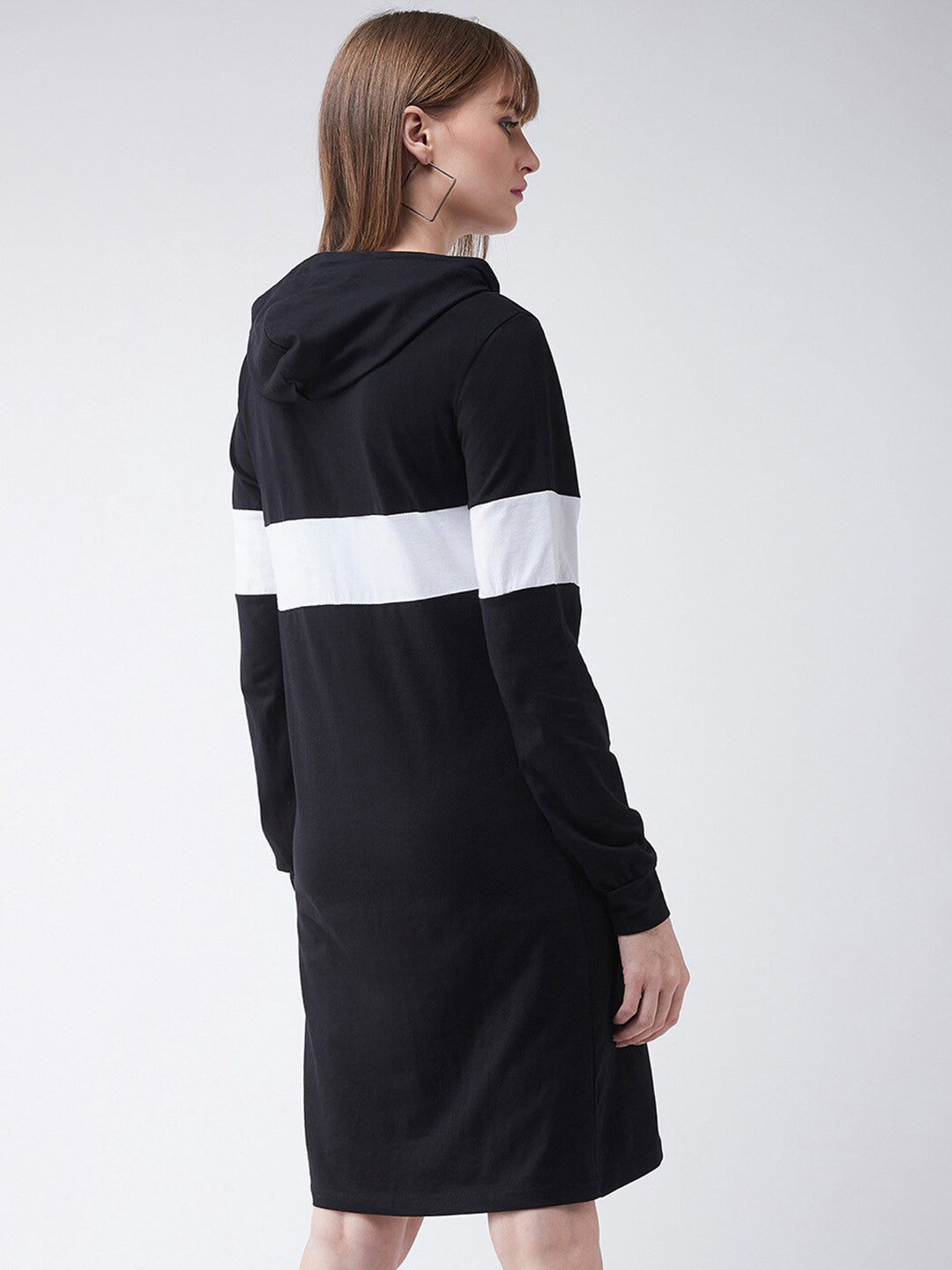 Women's Black Round Neck Full Sleeve Solid Knee-Long Hooded Dress