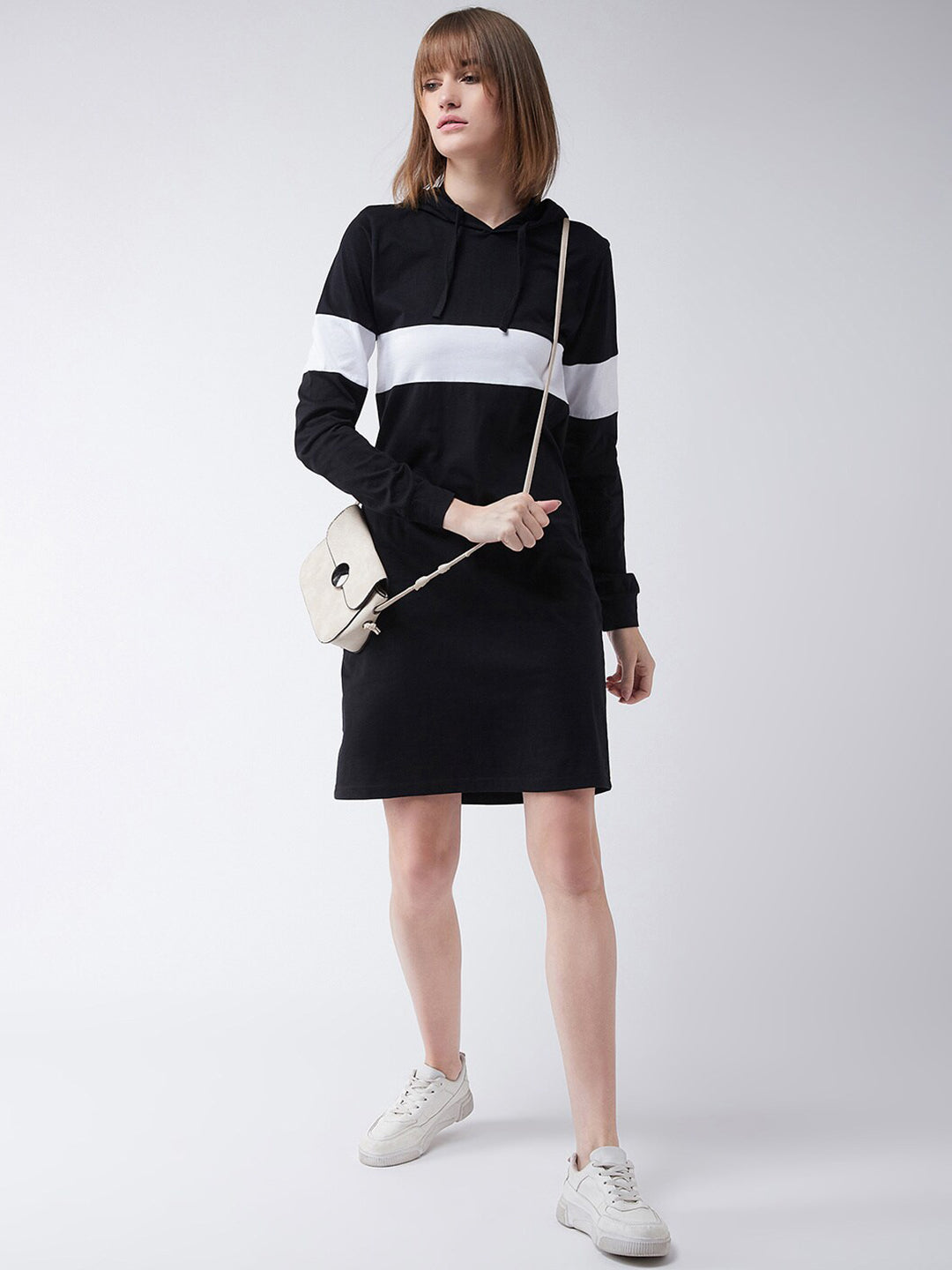 Women's Black Round Neck Full Sleeve Solid Knee-Long Hooded Dress