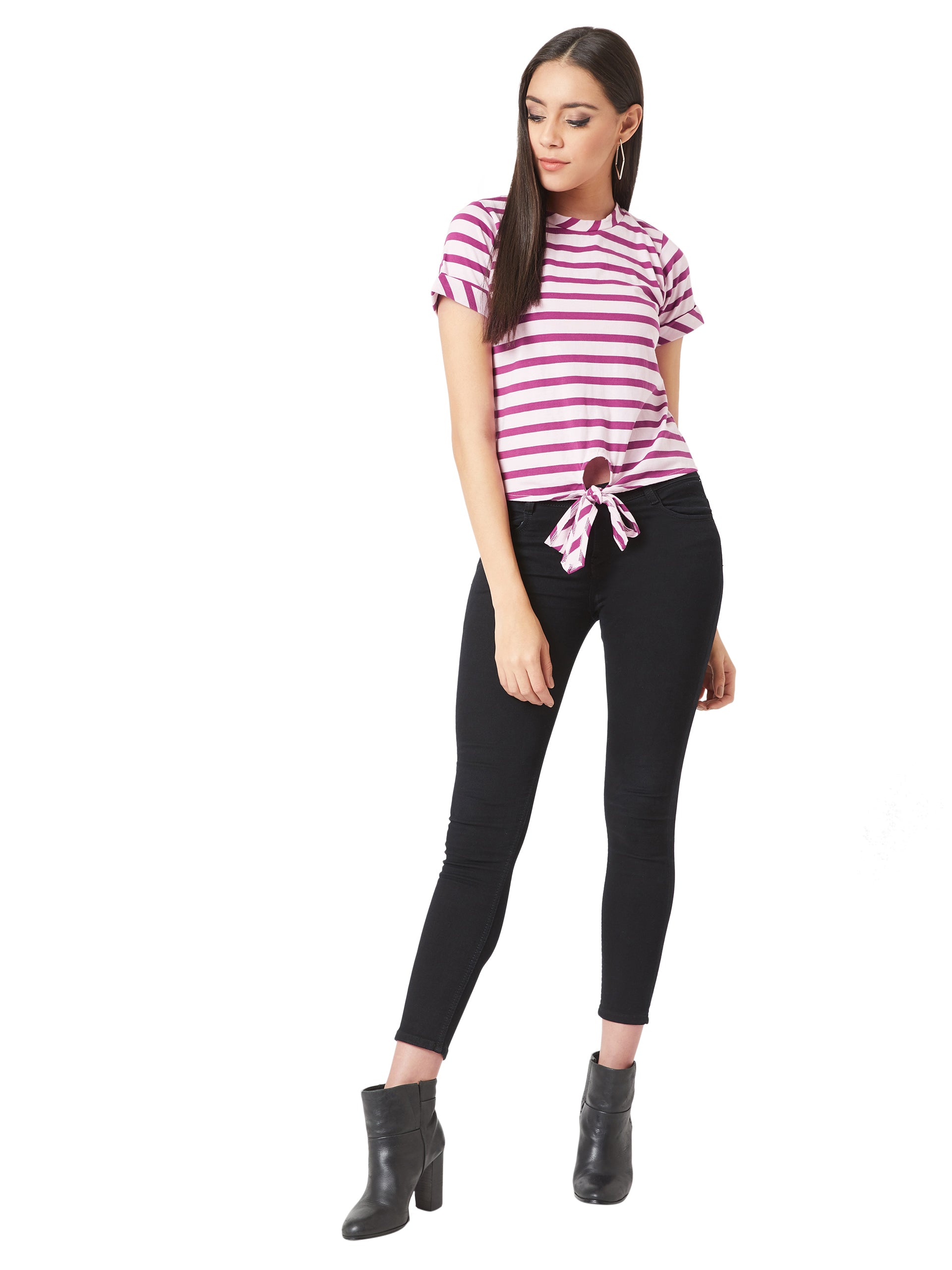 Women's Multicolor Round Neck Short Sleeve Striped Relaxed Fit Waist Tie-Up Cotton Top