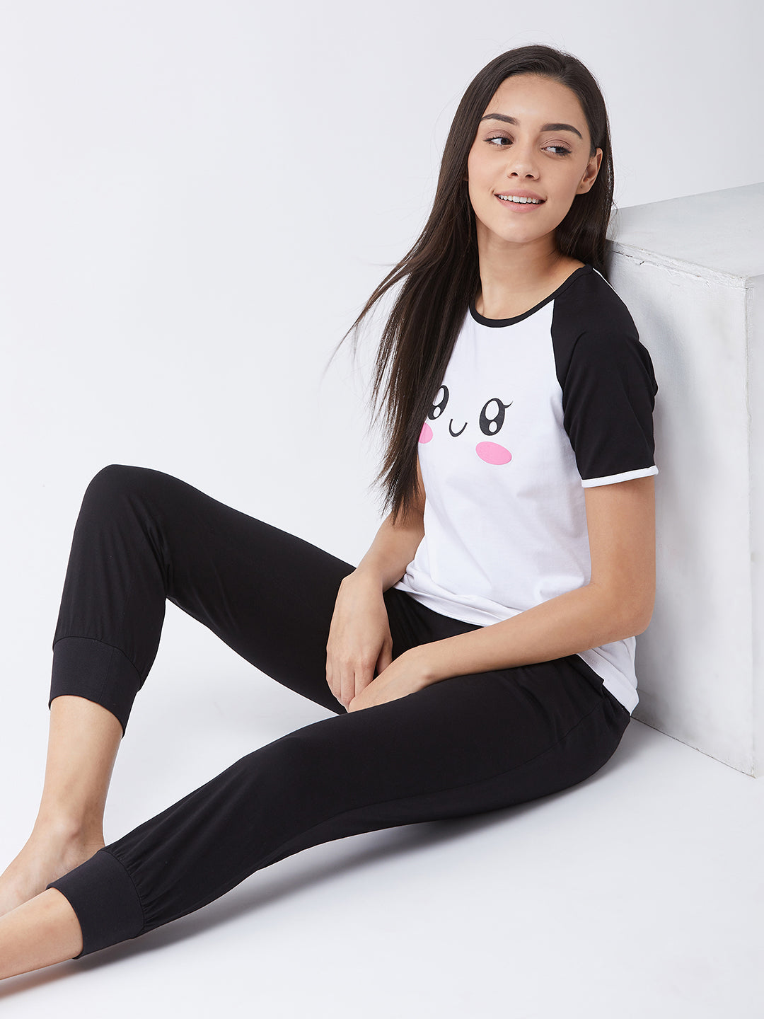 Women's White and Black Regular length Printed Short Sleeves Round Neck T-shirt