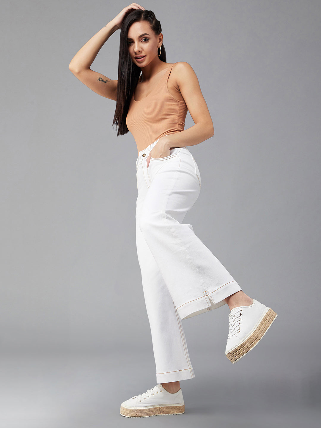 24/7 Comfort White Flared Mid-Rise Ankle length Stretchable Denim Jeans