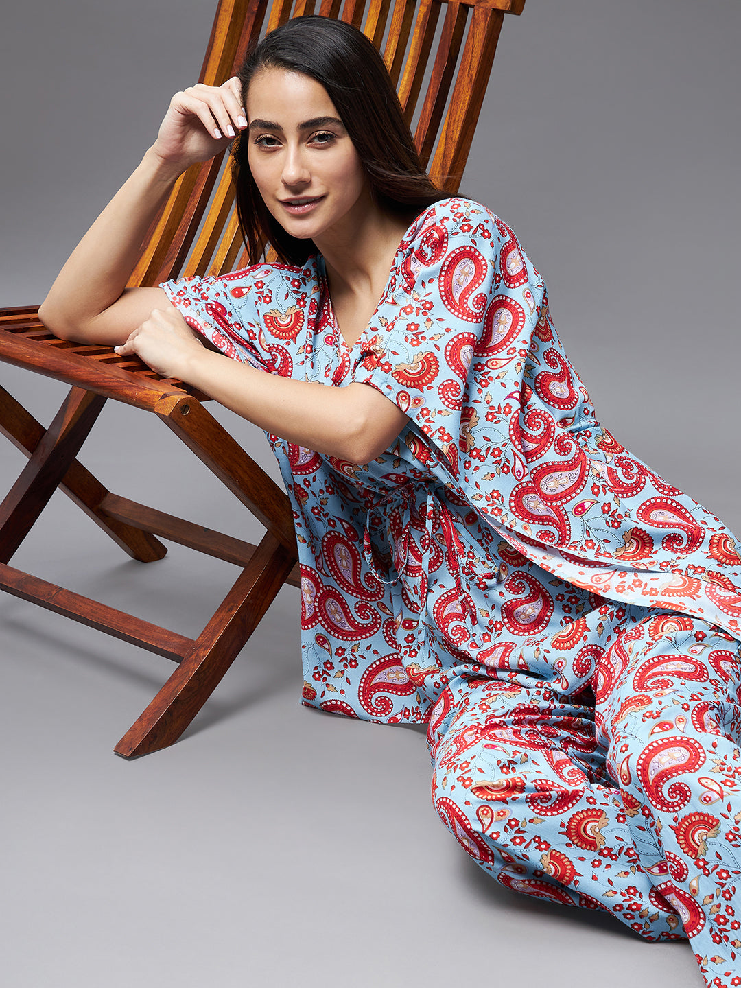 Women's Blue and red V Neck Kaftan Sleeve Printed Tie-Up Waist Regular Kaftan & Pajama Set