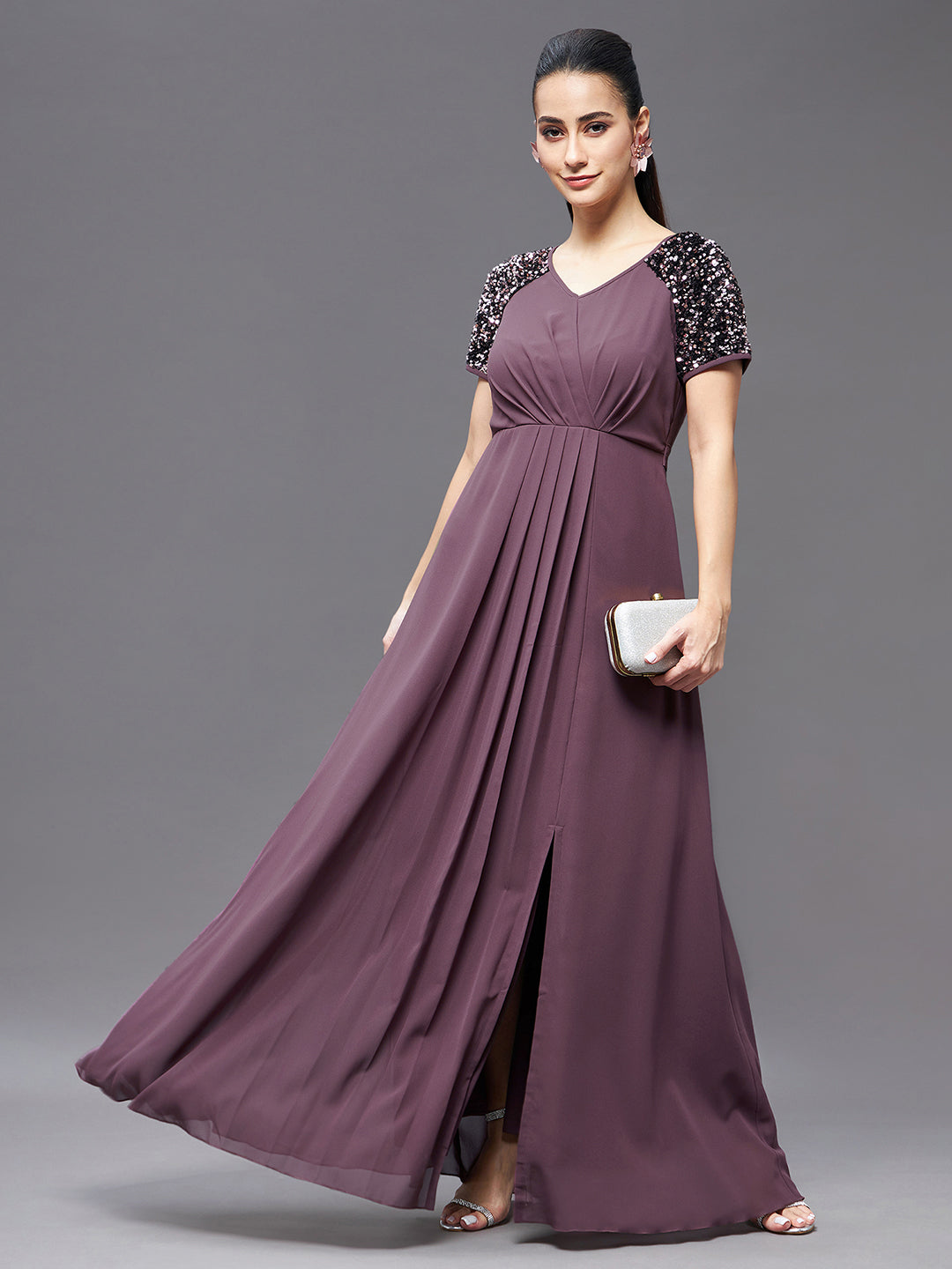 Mauve Half Sleeves Sequinned Fit and Flare Maxi Dress Long Dress Frock for Women