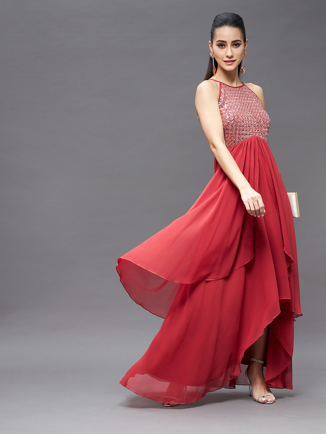 Women's Brick Red Georgette Halter Neck Sleeveless Sequined Layered Party Maxi Dress