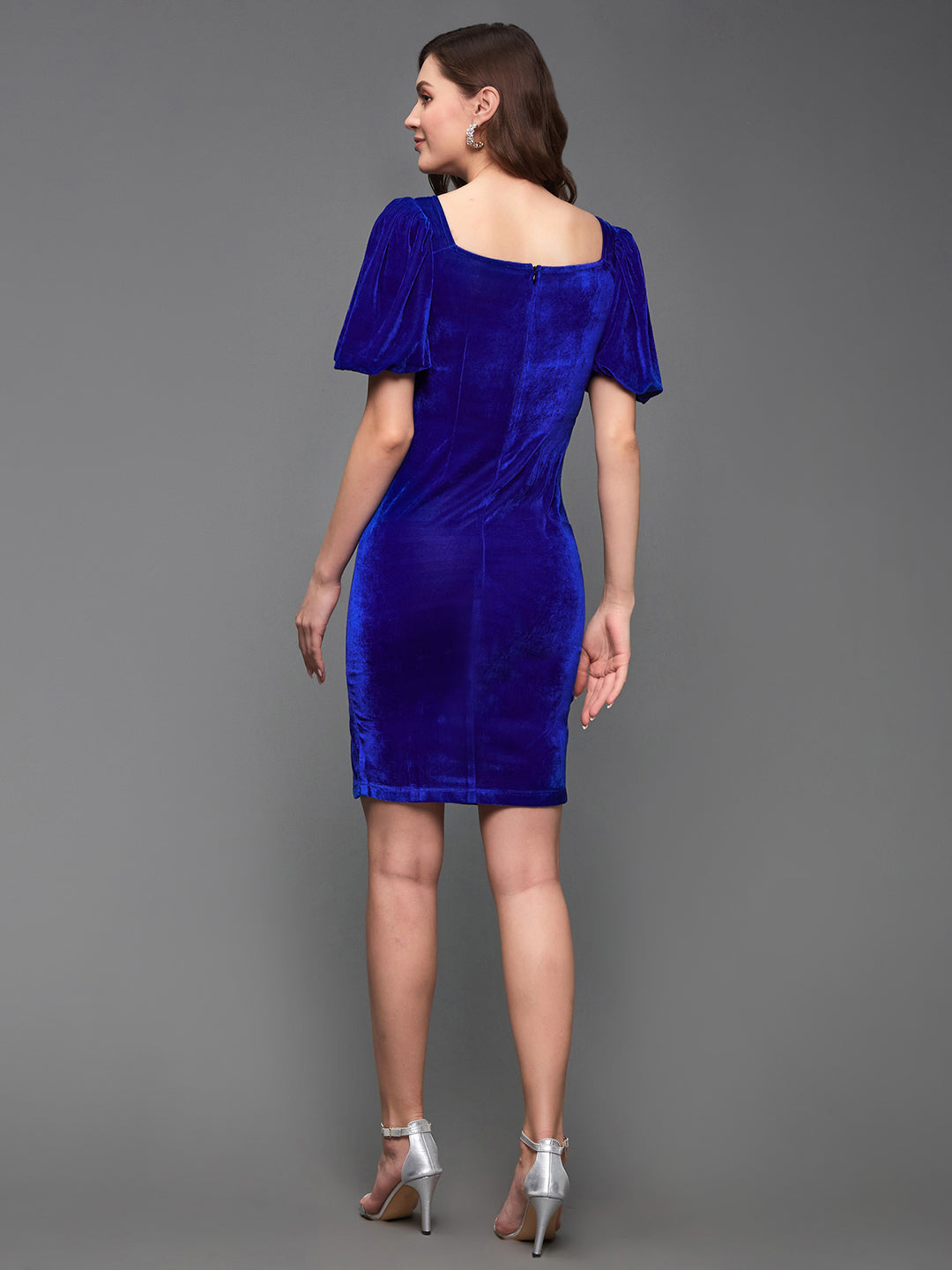 Royal Blue-Colored Sweetheart Neck Half Sleeve Solid Bodycon Knee-Long Velvet Dress for Women — Miss Chase