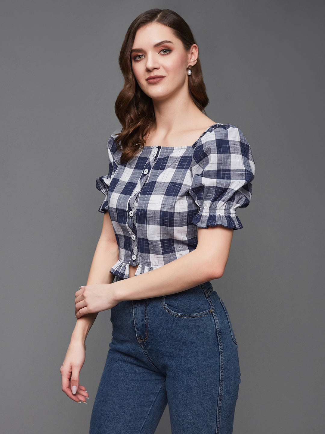 Women's Navy and White Checkered Square Neck Puff Sleeves Polyester Ruffled Short Top