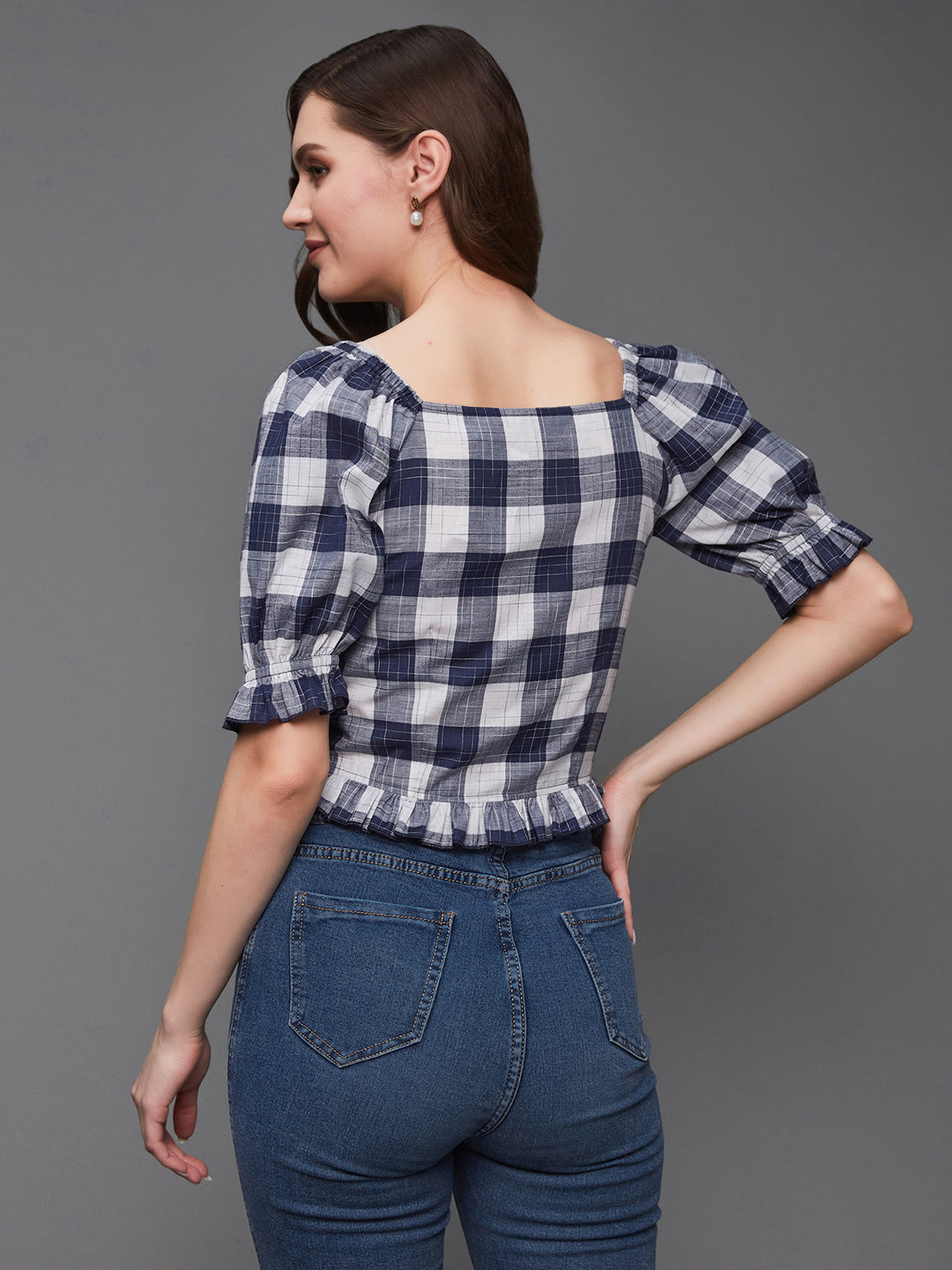 Women's Navy and White Checkered Square Neck Puff Sleeves Polyester Ruffled Short Top