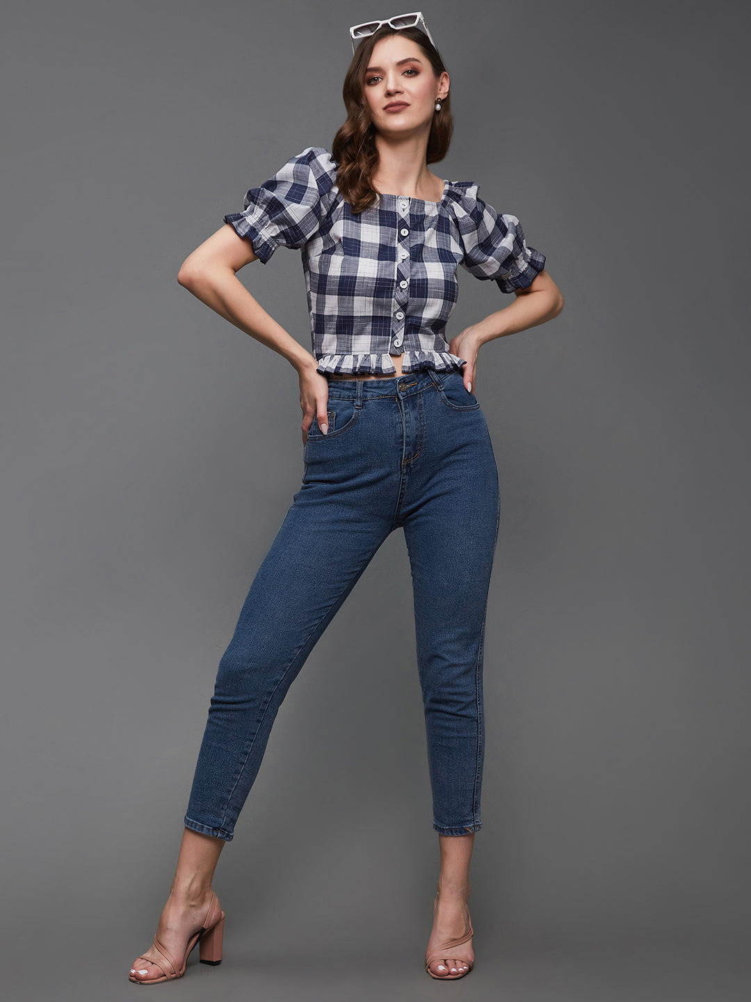 Women's Navy and White Checkered Square Neck Puff Sleeves Polyester Ruffled Short Top