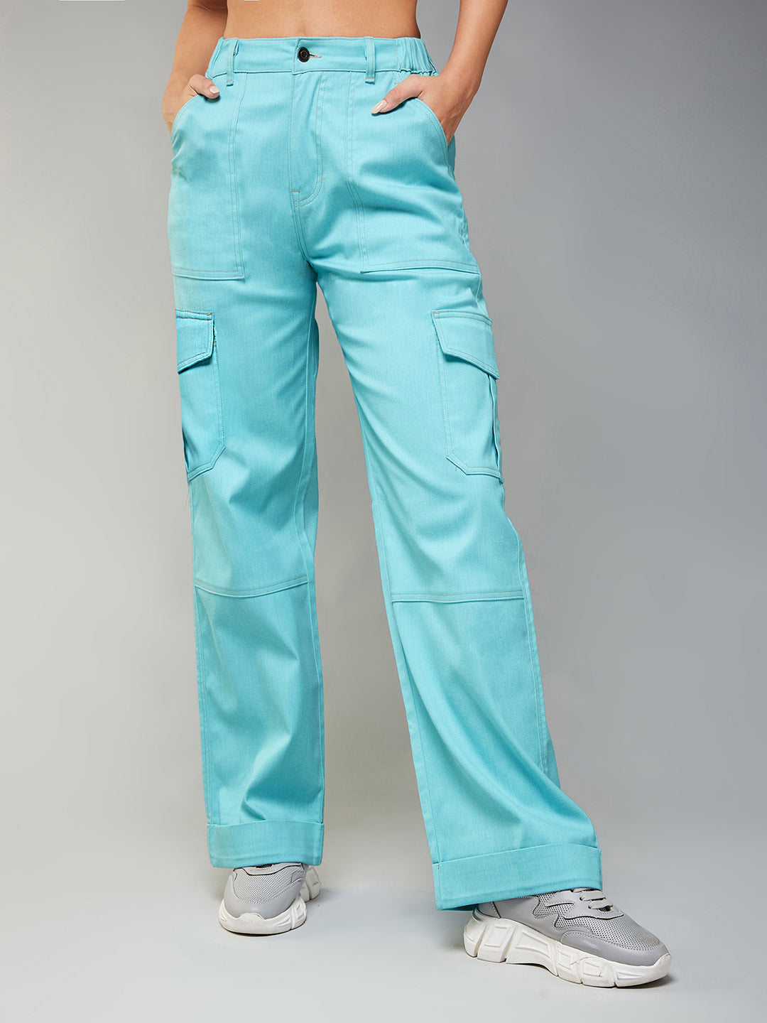 Women's Turquoise Wide-Leg High-Rise Regular-Length Stretchable Denim Cargo Pants