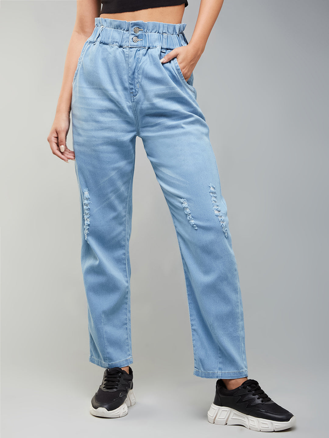 Women's Light Blue Mom's Jean High-Rise Mild Distress Stretchable Denim Jeans