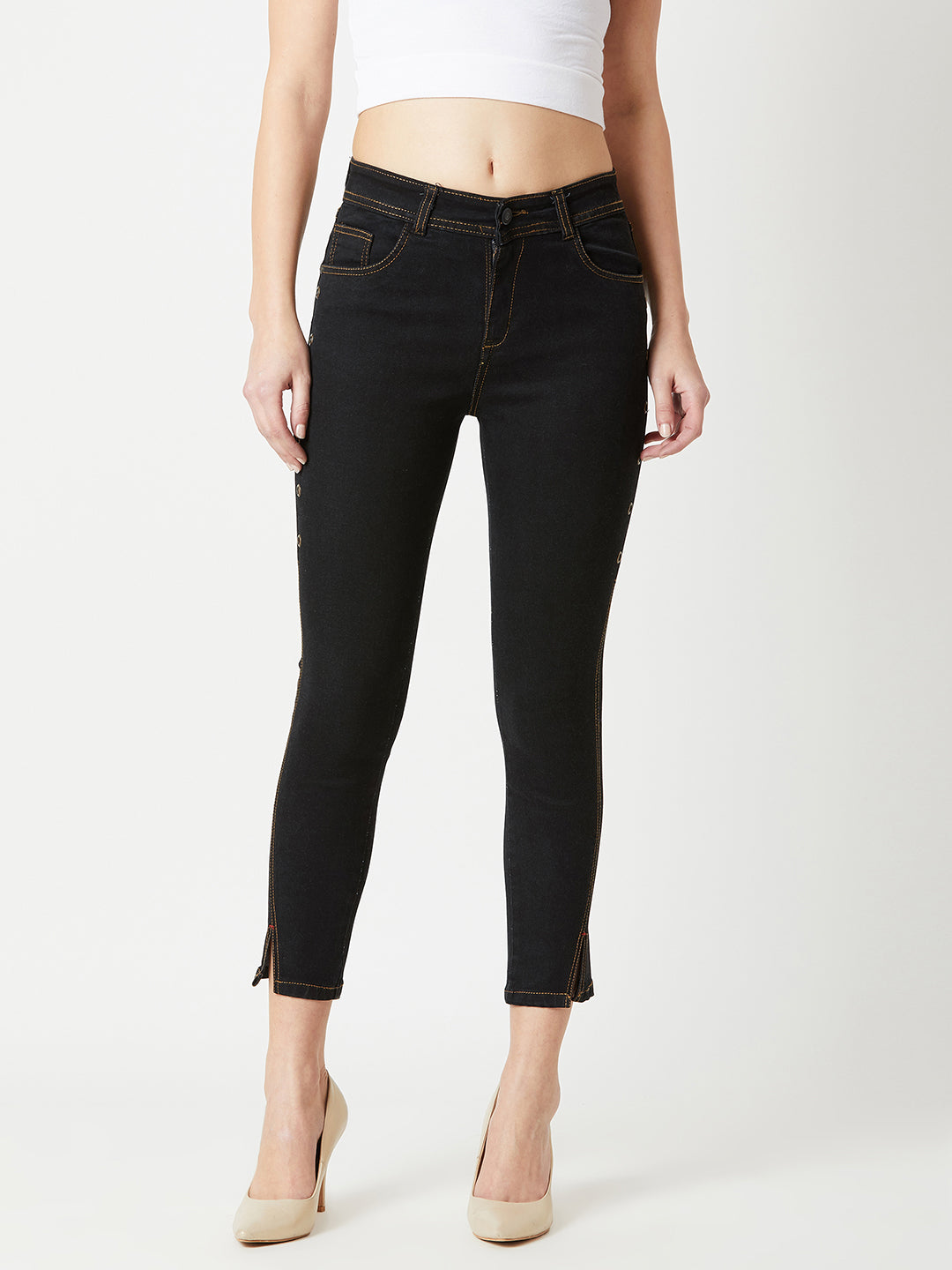 Women's Black Skinny High-Rise Side-Slit Solid Eyelet Embellished Cropped-Length Stretchable Denim Jeans