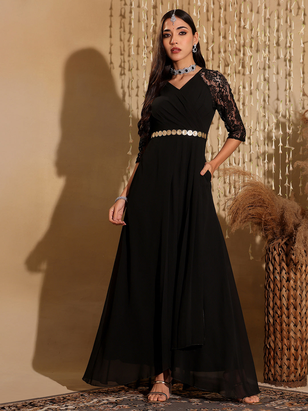 Women's Black V-Neck Raglan Embellished Wrap Maxi Georgette Dress