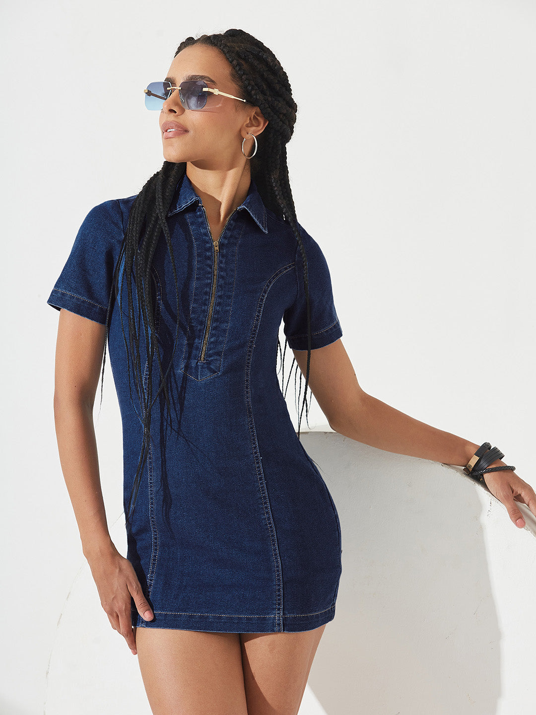 Dark Blue Collared Half Sleeve Princess Seam Sheath Mini Dress for Women
