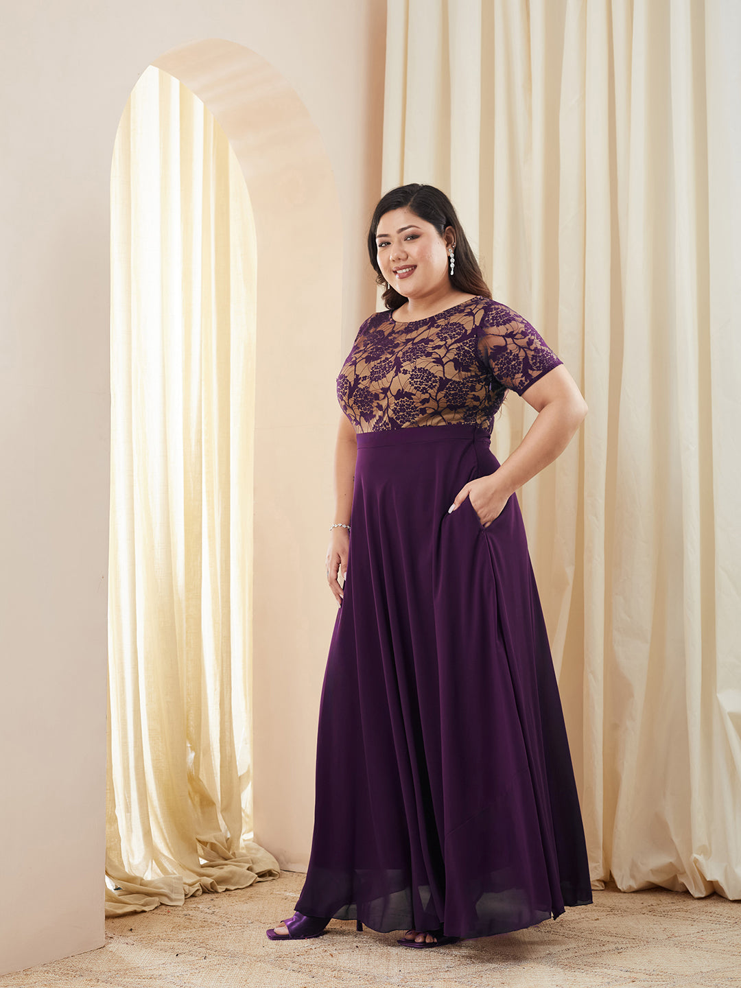 Dark Purple Round Neck Half Sleeve Self Design Fit & Flare Georgette Maxi Dress for Women