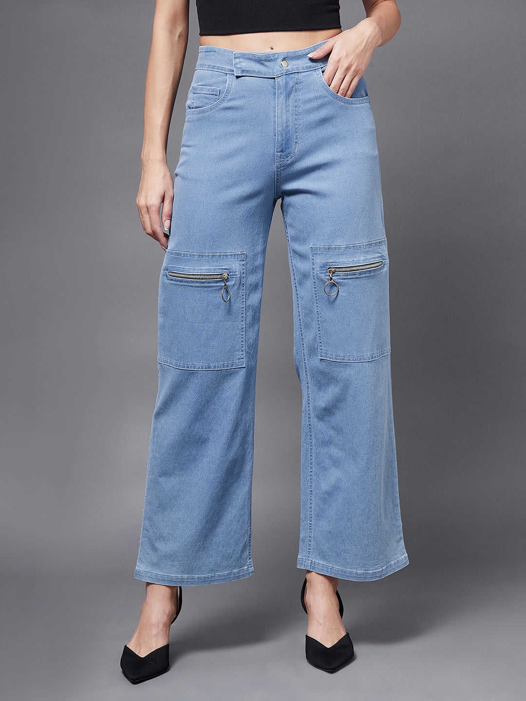 24/7 Comfort Light Blue Wide-Leg Mid-Rise Clean-Look Regular Stretchable Denim Jeans