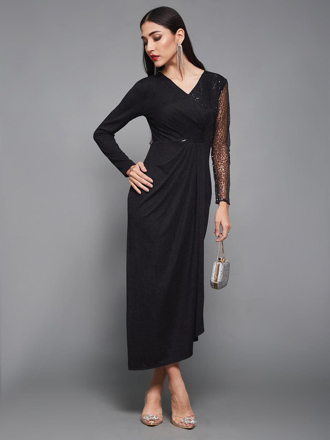 open lace back dress Black Sequinned Longline Maxi Dress for Women