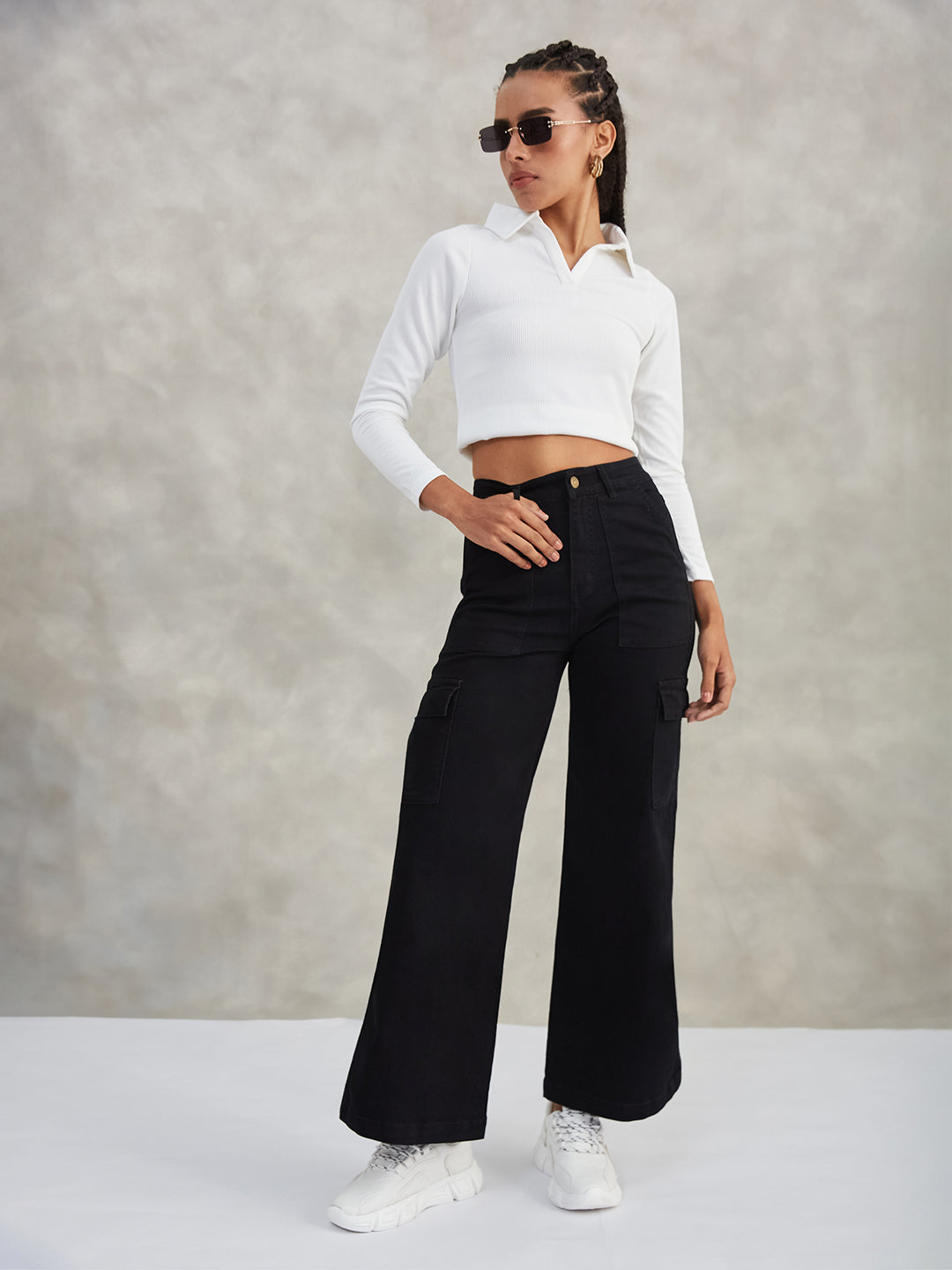 Women's Black Wide-Leg High-Rise Stretchable Denim Jeans