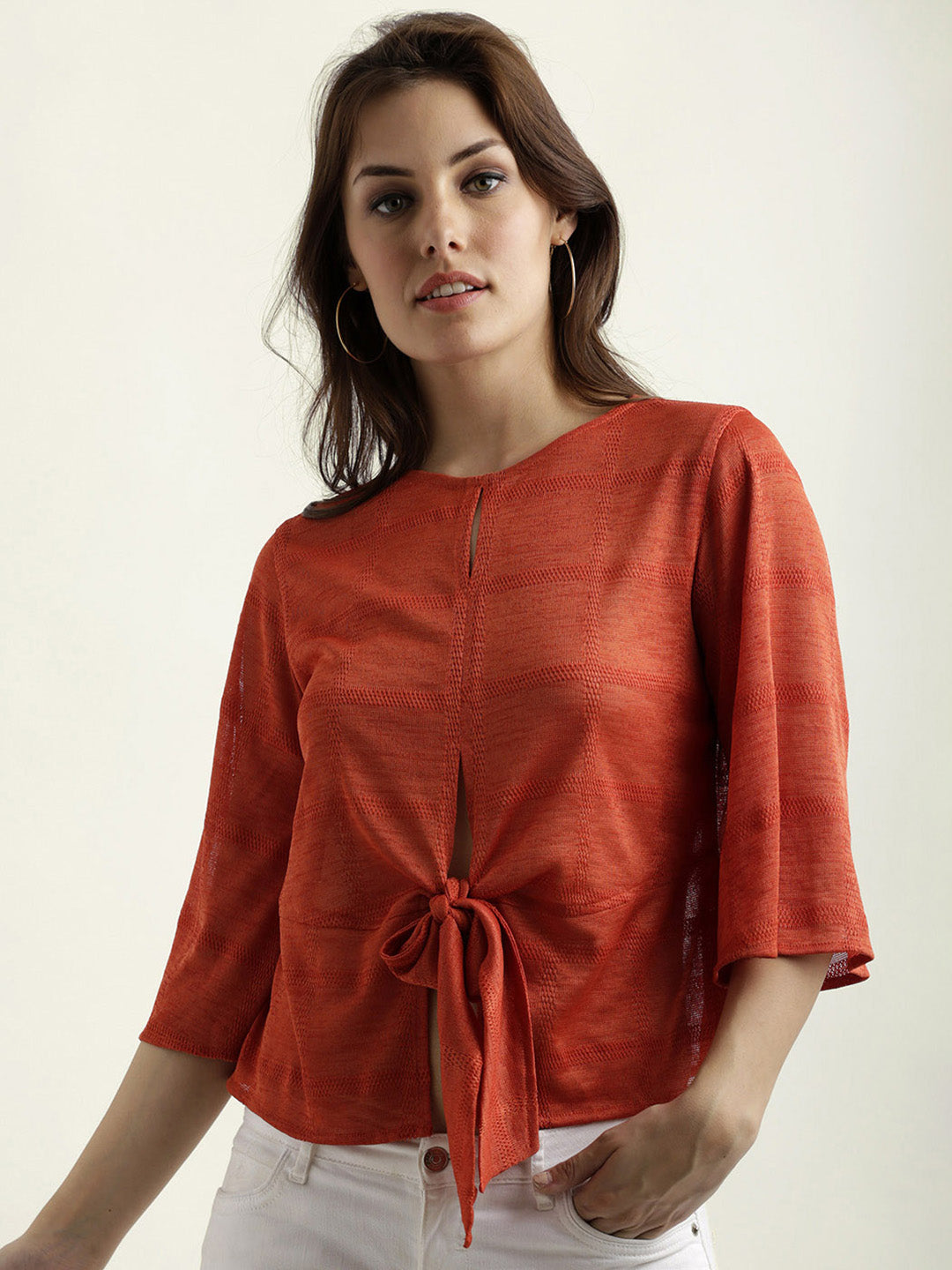 Women's Orange Round Neck 3/4 Sleeve Solid Front Slit Knotted Top