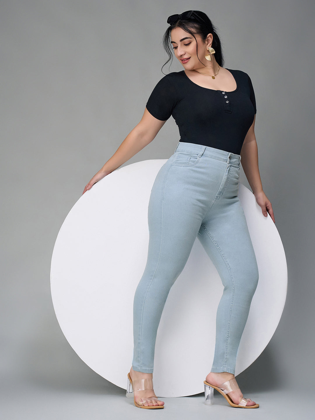 24/7 Comfort Light Blue Skinny Fringed Hemline Detailing High-Rise Cropped Solid Stretchable Denim Jeans