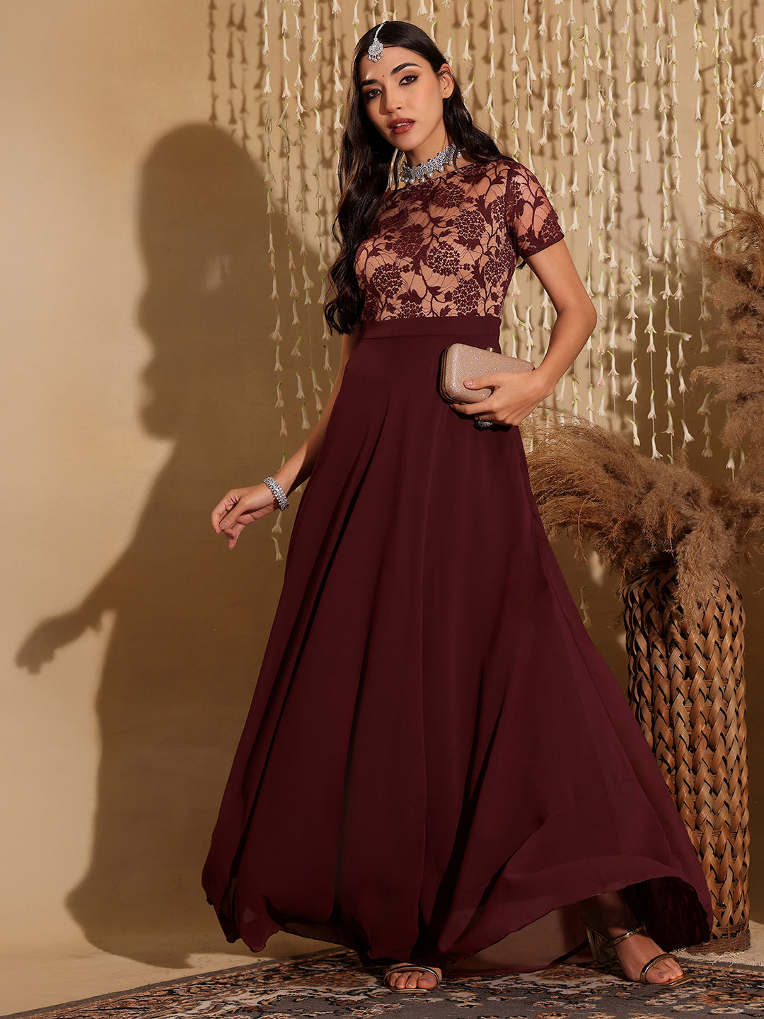 Wine Short Sleeves Lace Fit and Flare Maxi Dress for Women Wine Short Sleeves Lace Fit and Flare Maxi Dress for Women