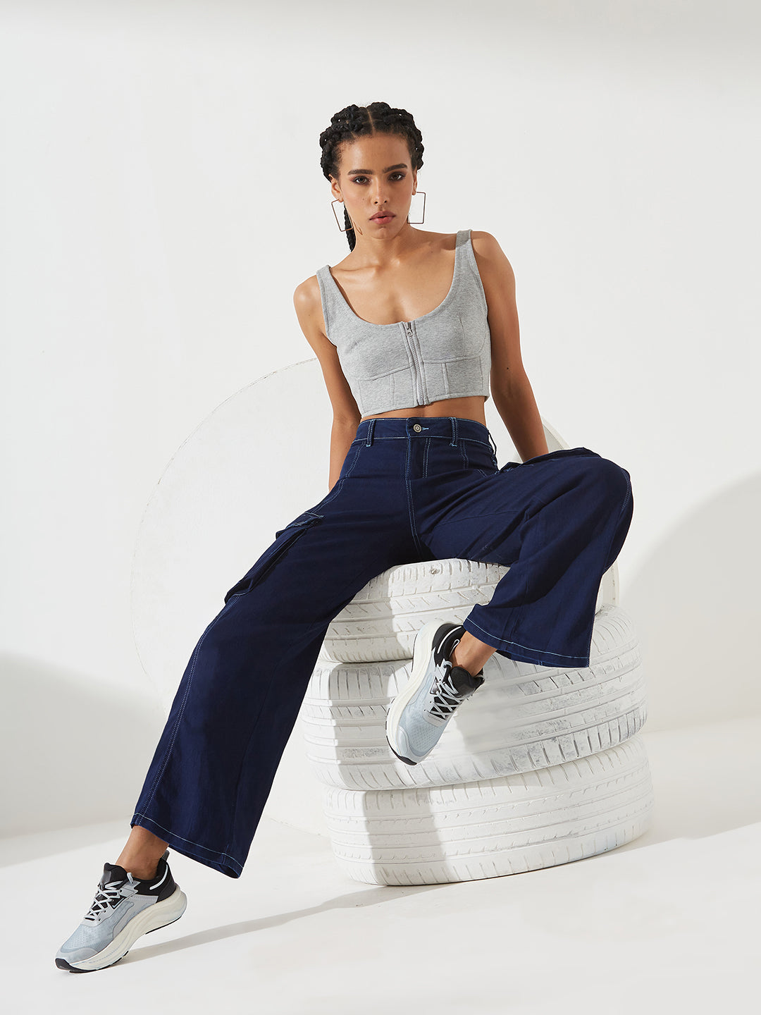 Navy Blue Wide leg High-Rise Regular Stretchable Denim Jeans For Women