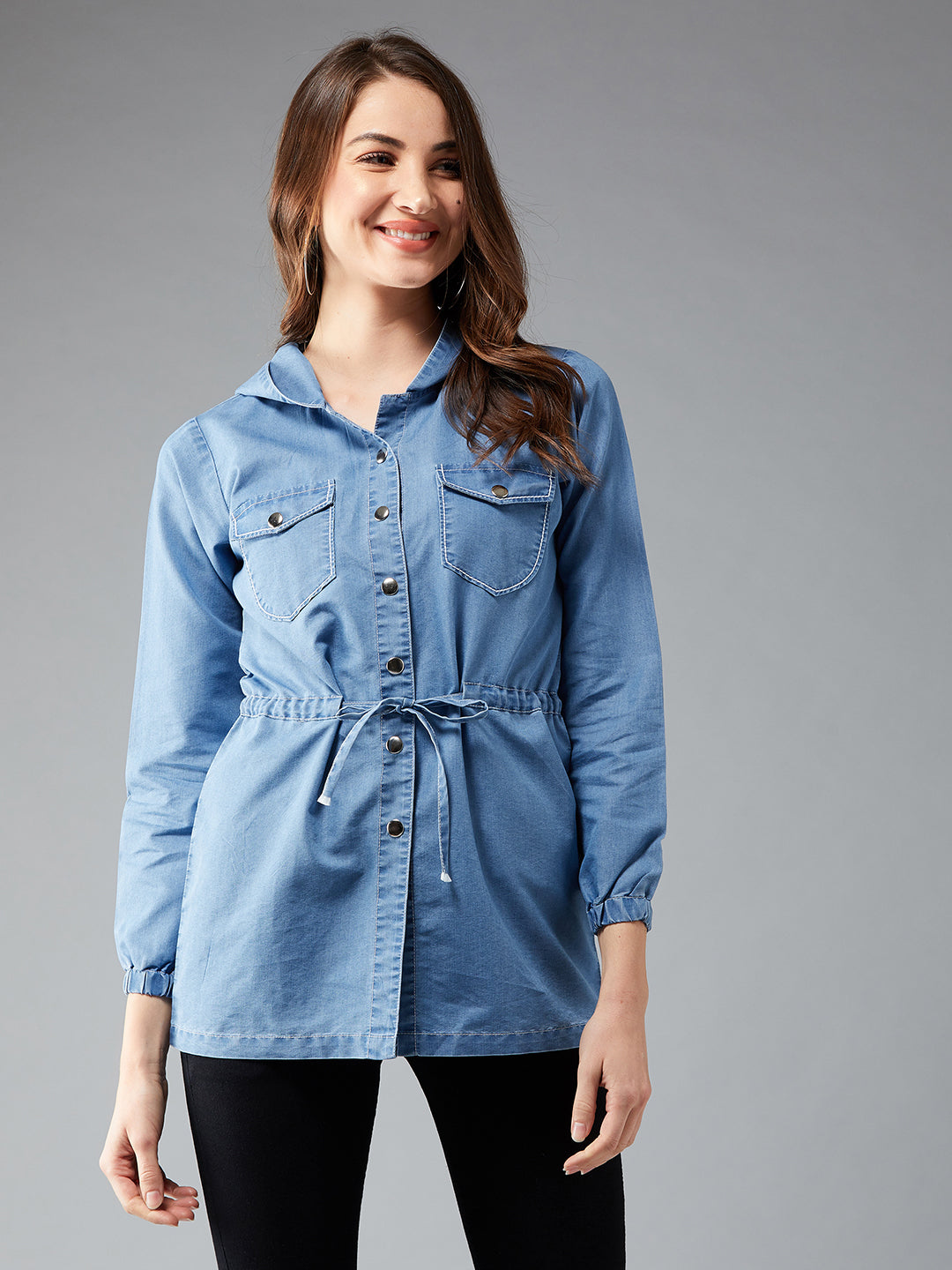 Women's Light Blue Round Neck Full Sleeve Solid Long Hoodie With Tie-Up Regular Jacket