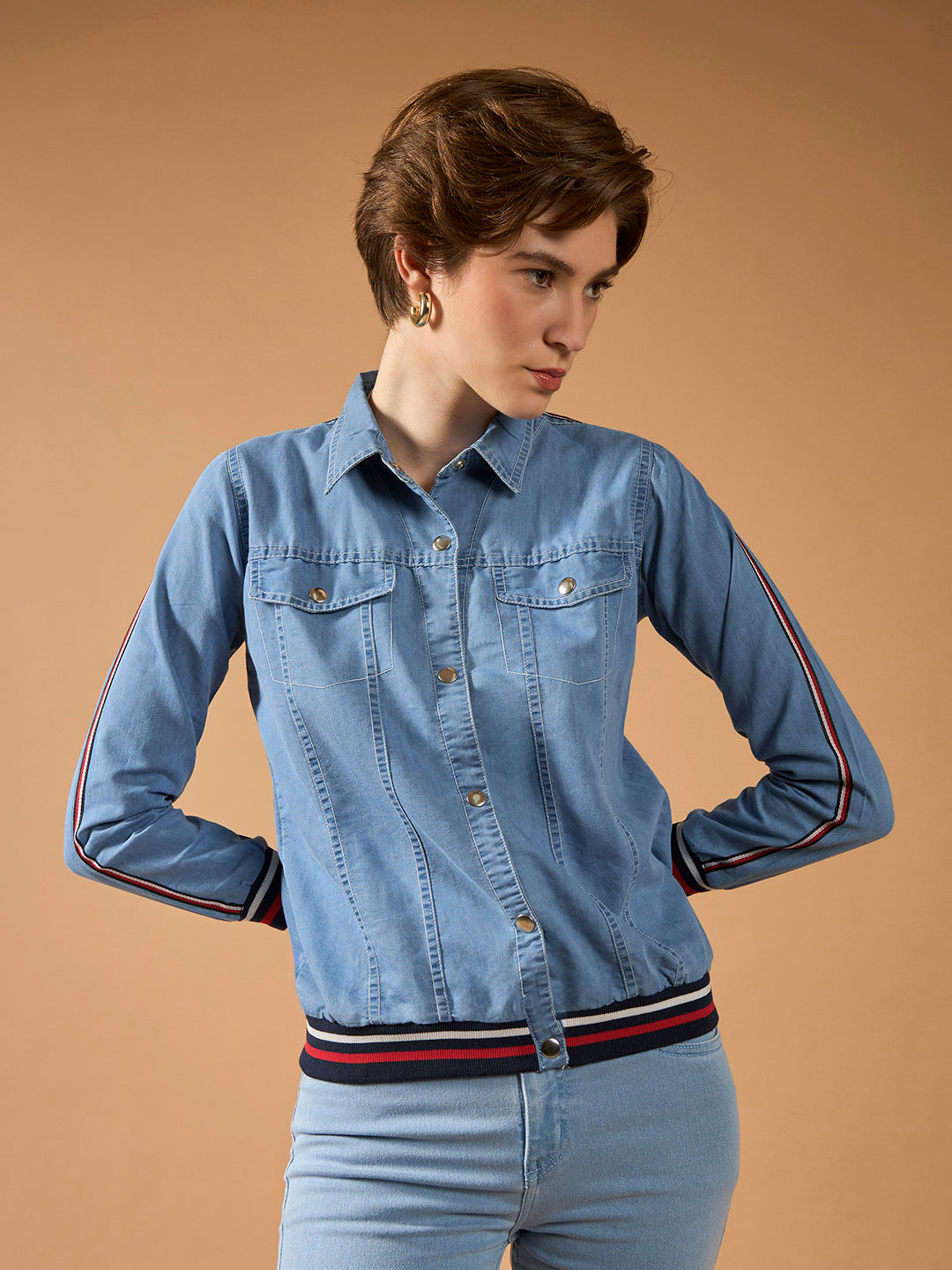 Women's Light Blue Polo Neck Full Sleeve Solid Buttoned Rib And Twill Tape Detailing Bomber Denim Jacket