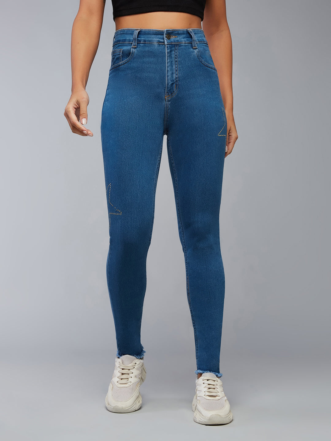 CHASEstretch™ Blue Skinny High-Rise Cropped-Length Embellished Fringe Detailing Stretchable Denim Jeans