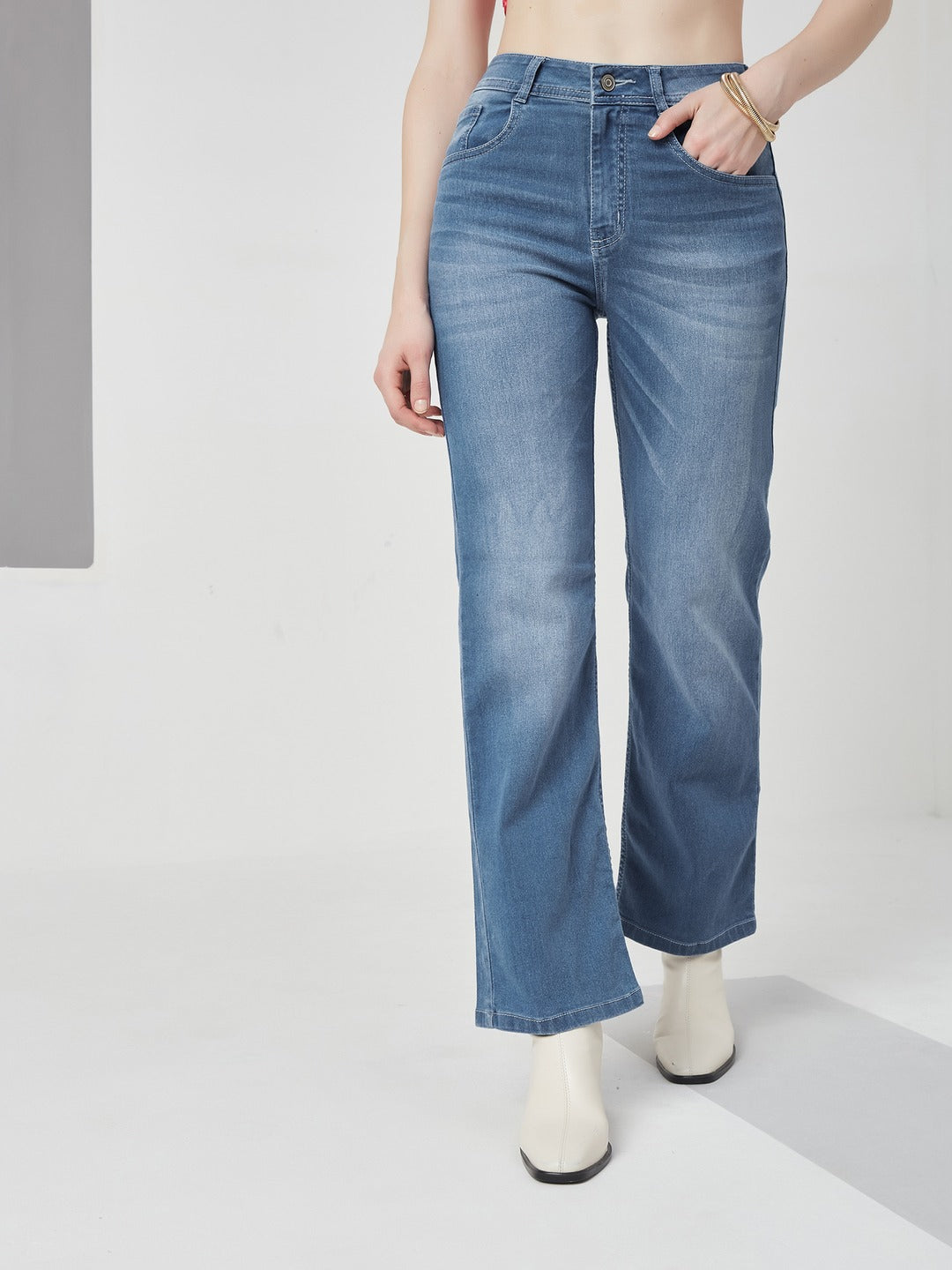 Light Blue Wide-Leg Mid Rise Blast Effect Light Weight Denim Jeans for Women