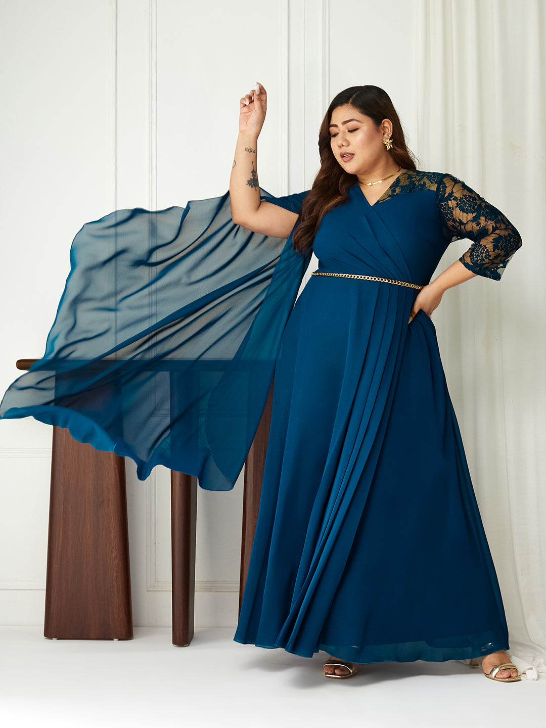Body Bliss Royal Blue Embellished Maxi Georgette Dress