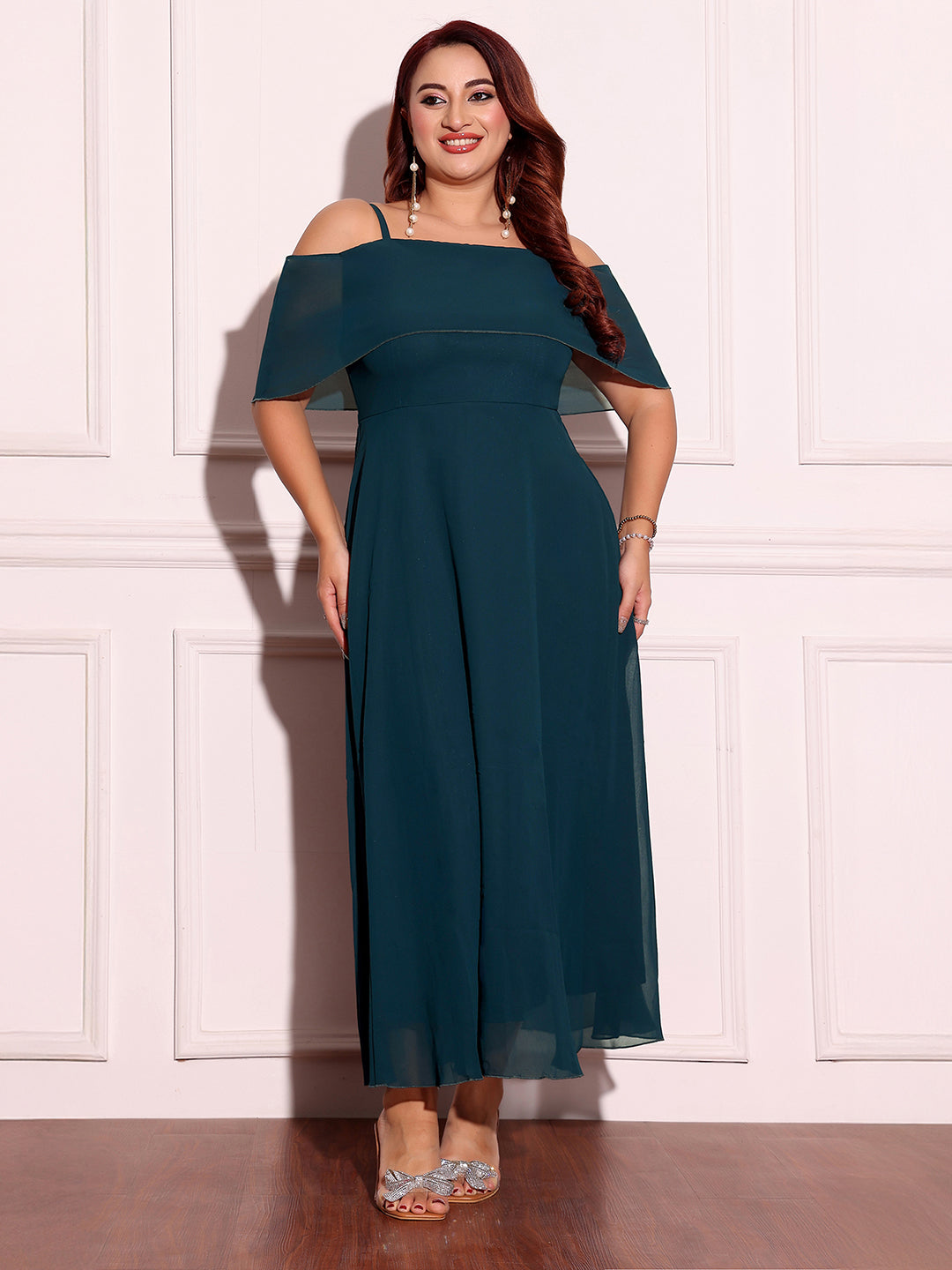 Teal Bardot Style Sleeveless Spaghetti-Straps Solid Off-Shoulder Midi