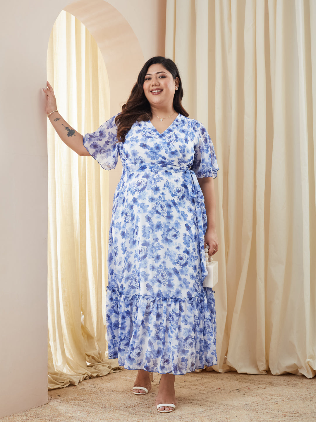White & Blue Floral Wrap Chiffon Maxi Dress with White Base & Flutter Sleeves for Women