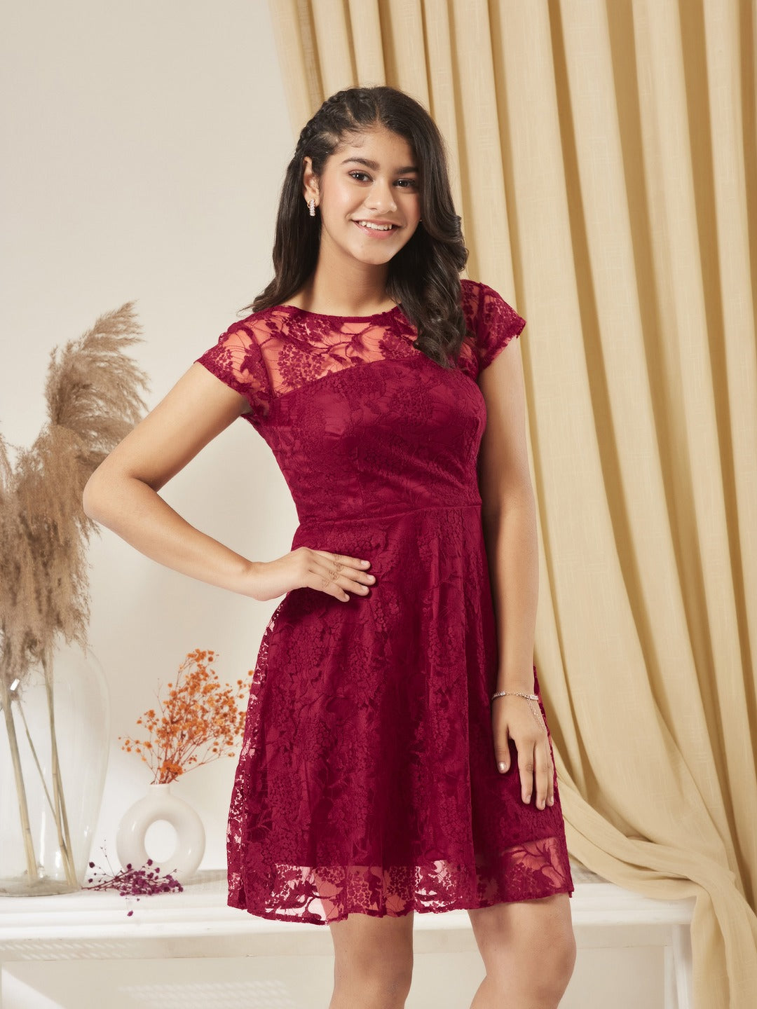 Dark Pink Round Neck Cap Sleeves Low Back Lace Skater Dress for Girls/Teenagers