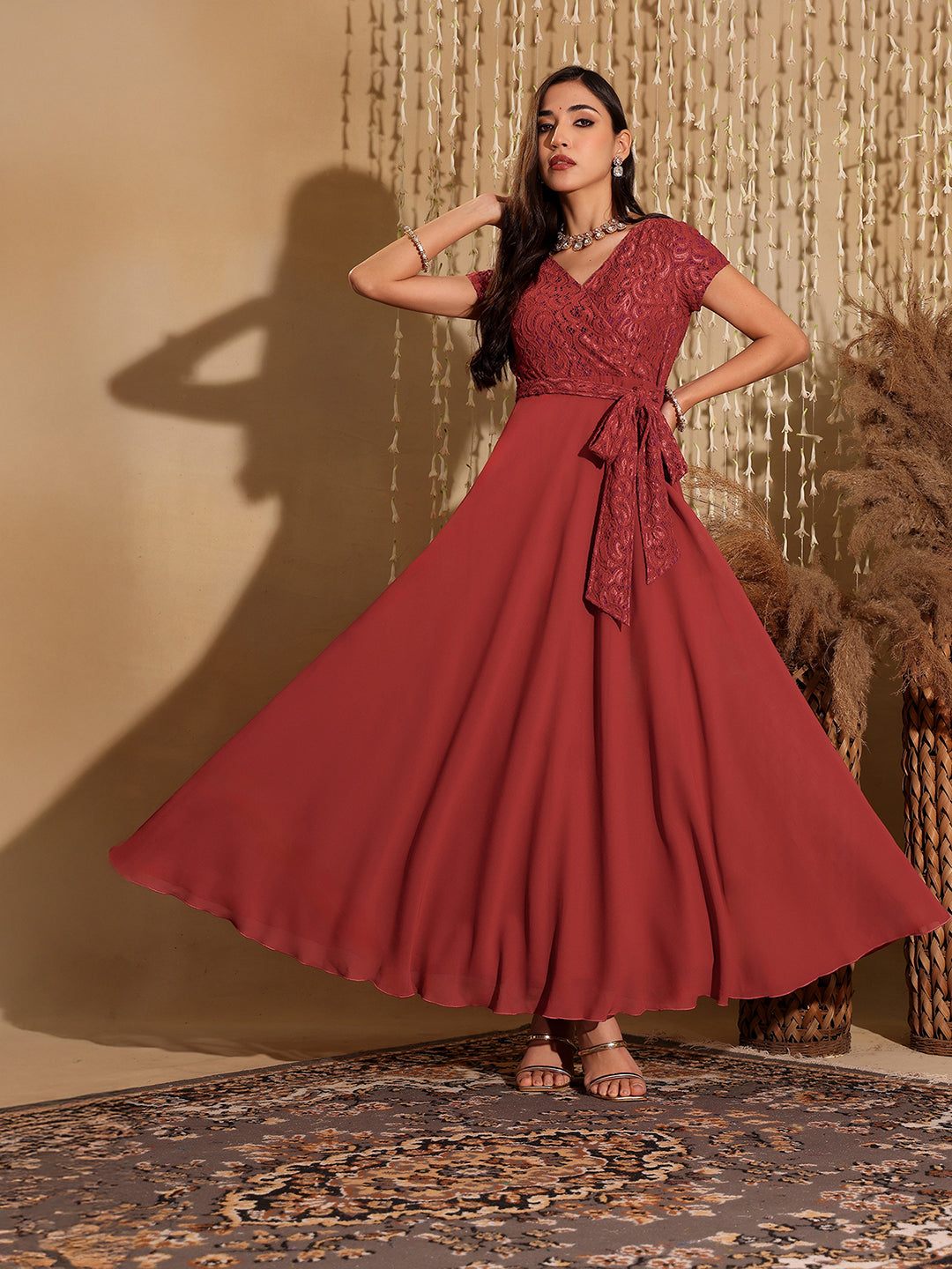Women's Brick Red V-Neck Short Sleeve Self-Designed Lace Overlaid Georgette Maxi Dress