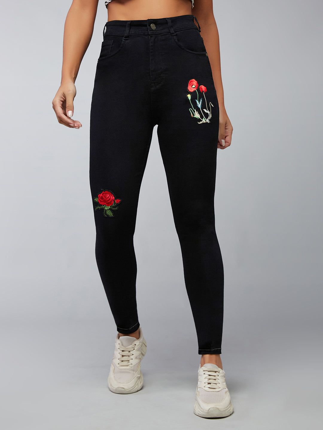 Women's Black Slim-Fit High-Rise Rose Applique Detailing Denim Jeans