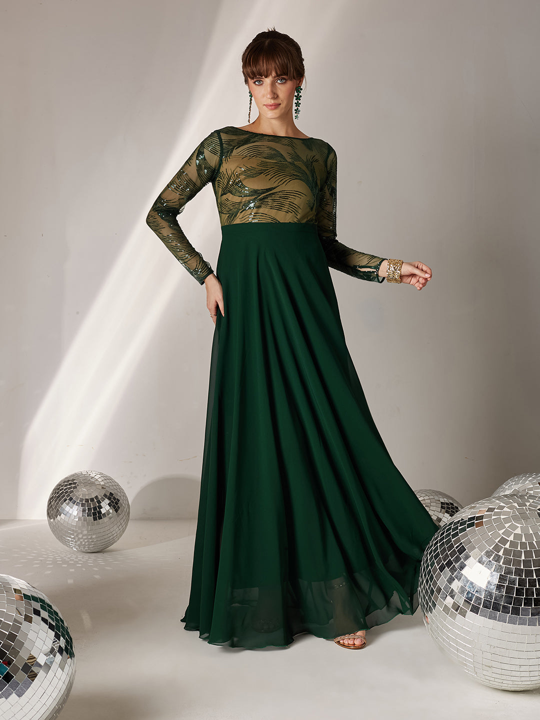 Women's Green & Beige Solid Embellished Maxi Dress