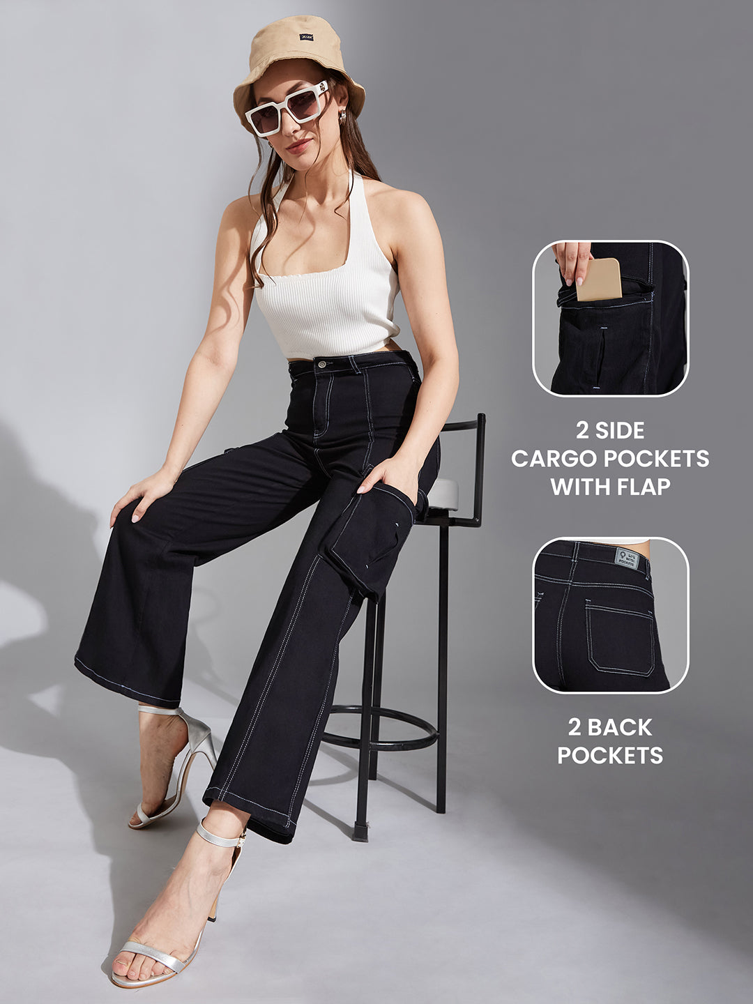 Women's Black Wide-Leg High-Rise Clean-Look Stretchable Patch-Pocketed Denim Jeans