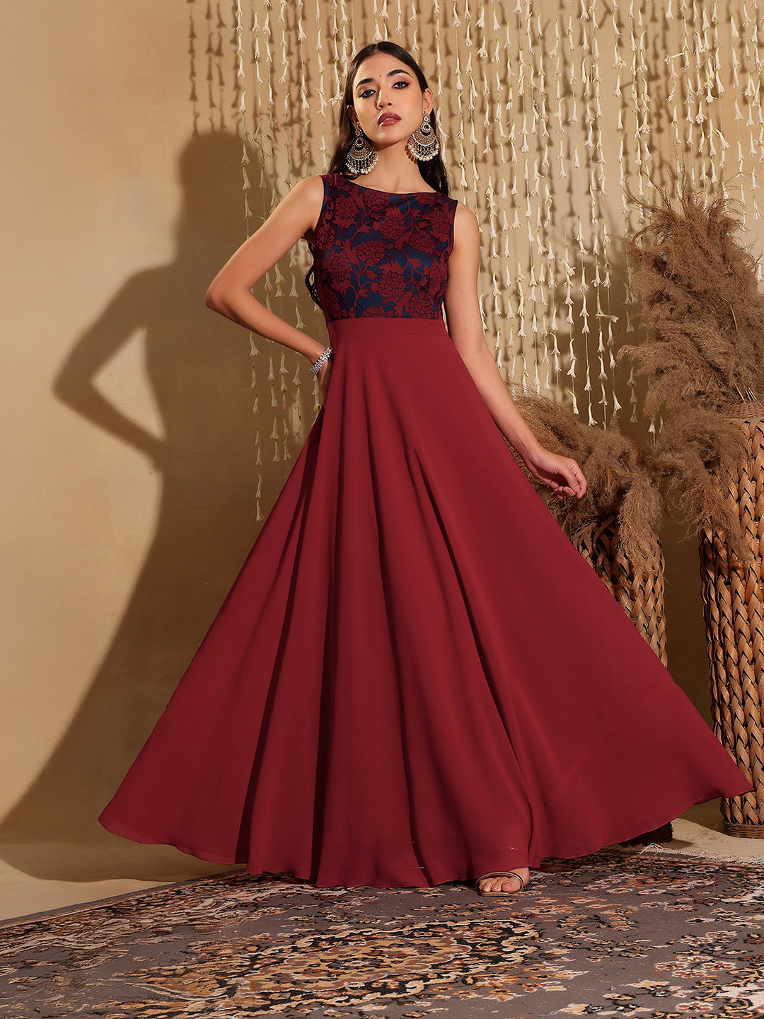 Women's Maroon & Teal Boat Neck Sleeveless Self Design Lace Overlaid Maxi Dress
