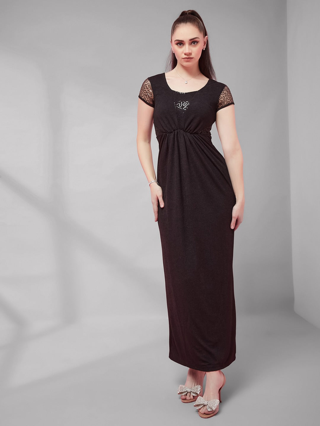 Black Sweet-Heart Neck Short Sleeve Embellished Gathered Polyester Maxi Dress for Women
