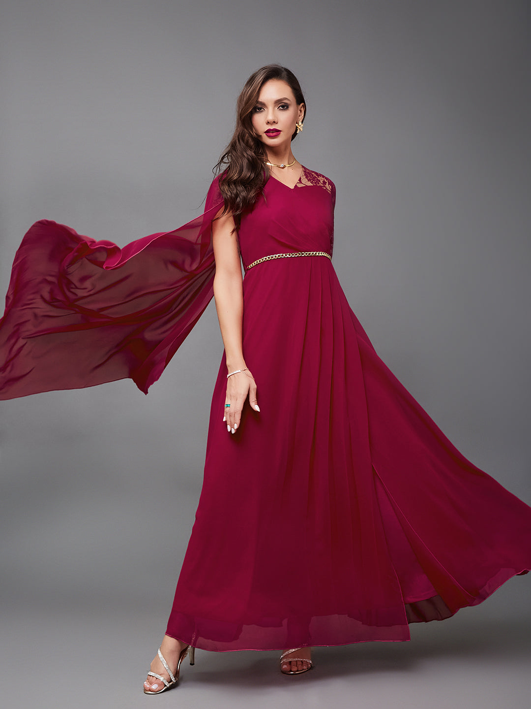 Dark Pink Assymetric Long Sleeves Lace Maxi Dress Long Dress Frock for Women