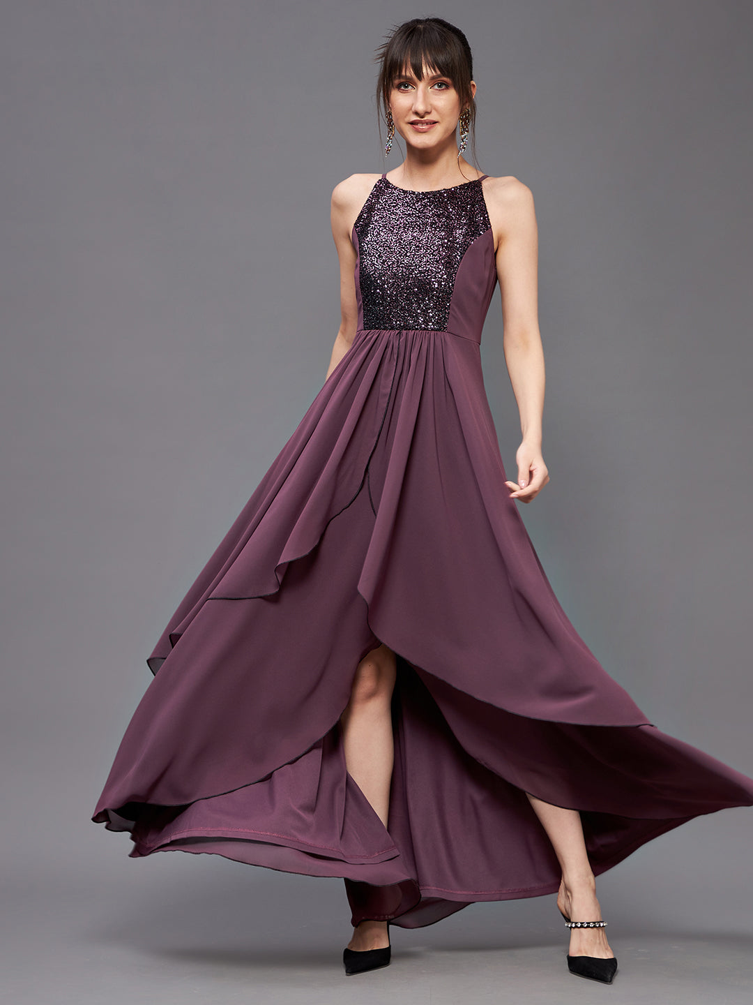 Mauve Halter Neck Sequinned High Low Gown for Women Mauve Halter Neck Sequinned High Low Gown for Women