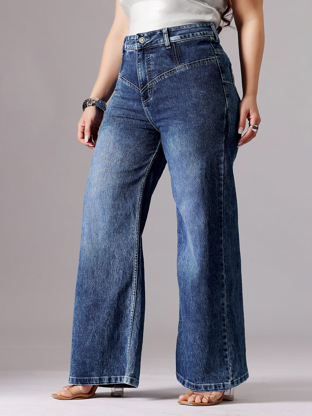 Tummy Smoothening Light-Shaping Wide-Leg High-Rise Dark Blue Denim Jeans with Boning Technology